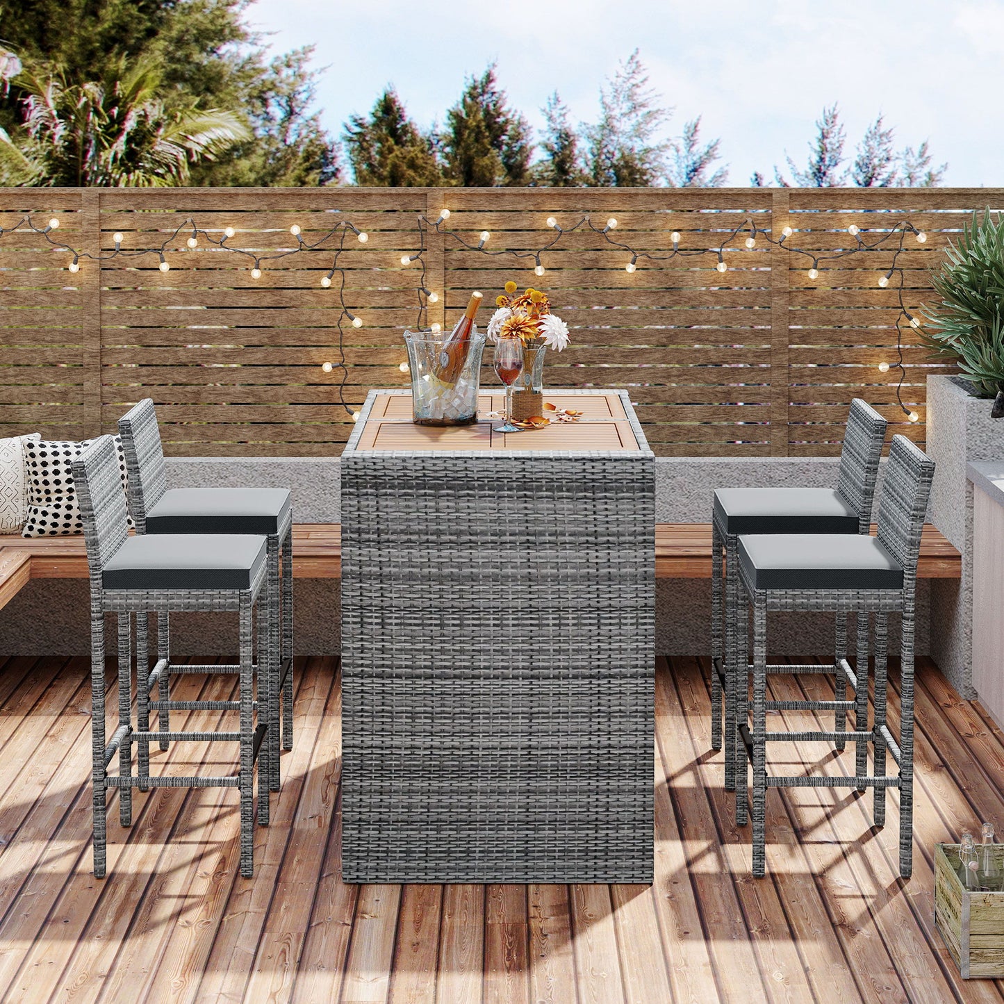 5 Pieces Outdoor Patio Wicker Bar Set, Bar Height Chairs With Non-Slip Feet And Fixed Rope, Removable Cushion, Acacia Wood Table Top - Brown / Gray Hearth and Haven
