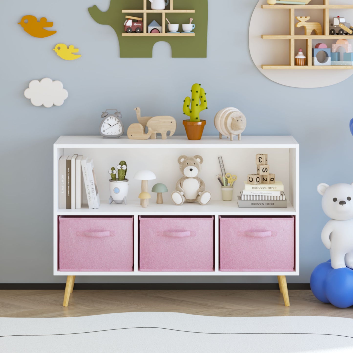 Kids Bookcase With Collapsible Fabric Drawers, Children's Book Display, Toy Storage Cabinet Organizer - White / Pink Home Essentials