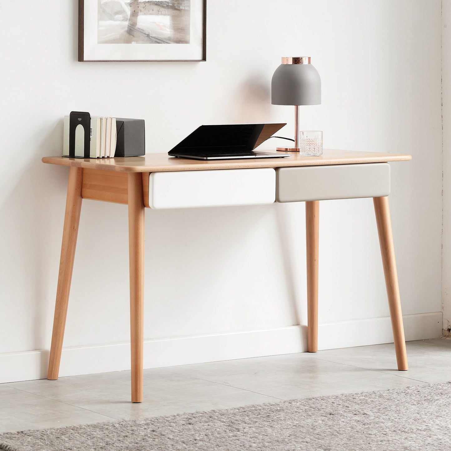 Computer Desk Large Size Office Desk With 2 Drawers, Modern Simple Style PC Table With Gap Design For Home Office - White / Gray Home Essentials