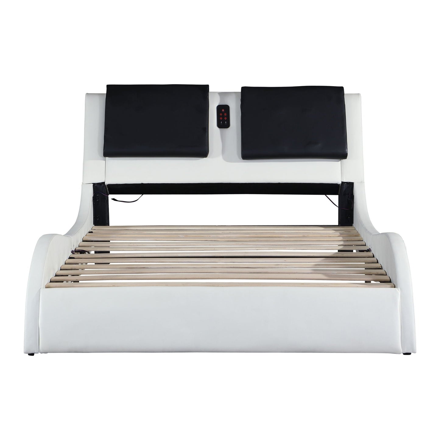 Upholstered Platform Bed Frame With LED Lighting, Bluetooth Connection To Play Music Control, Backrest Vibration Massage, Curve Design, Wood Slat Support, Exhibited Speakers Home Essentials