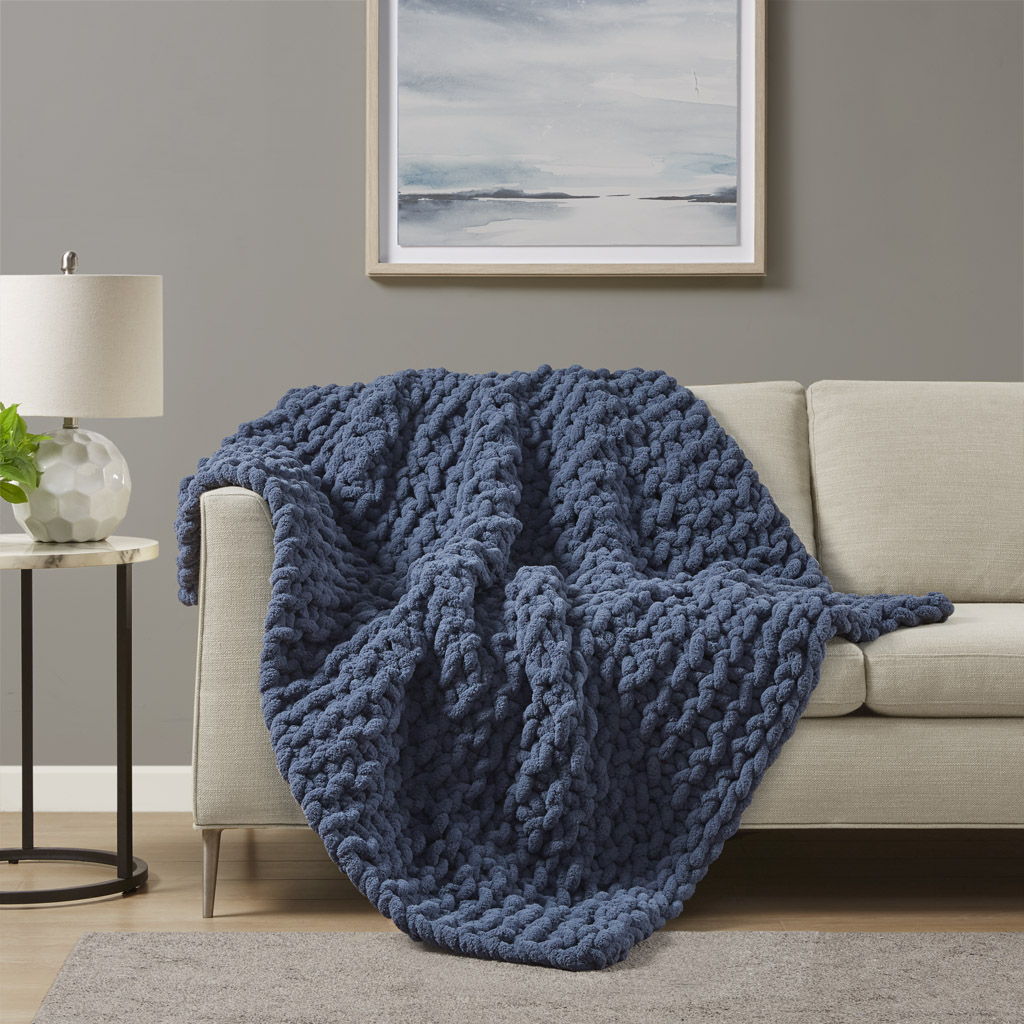 Chenille Chunky Knit - Throw - Navy Blue Madison Park