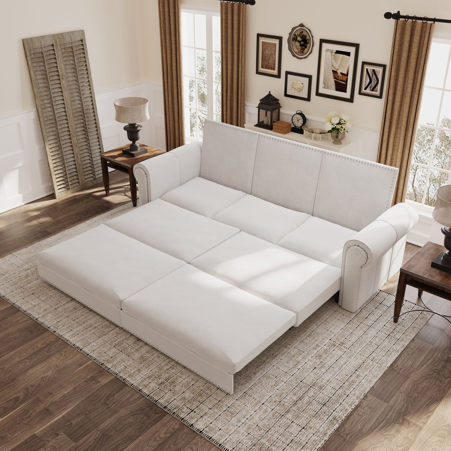 3 In 1 Convertible Sleeper Sofa With Nailhead Trim & Rolled Arm Home Essentials