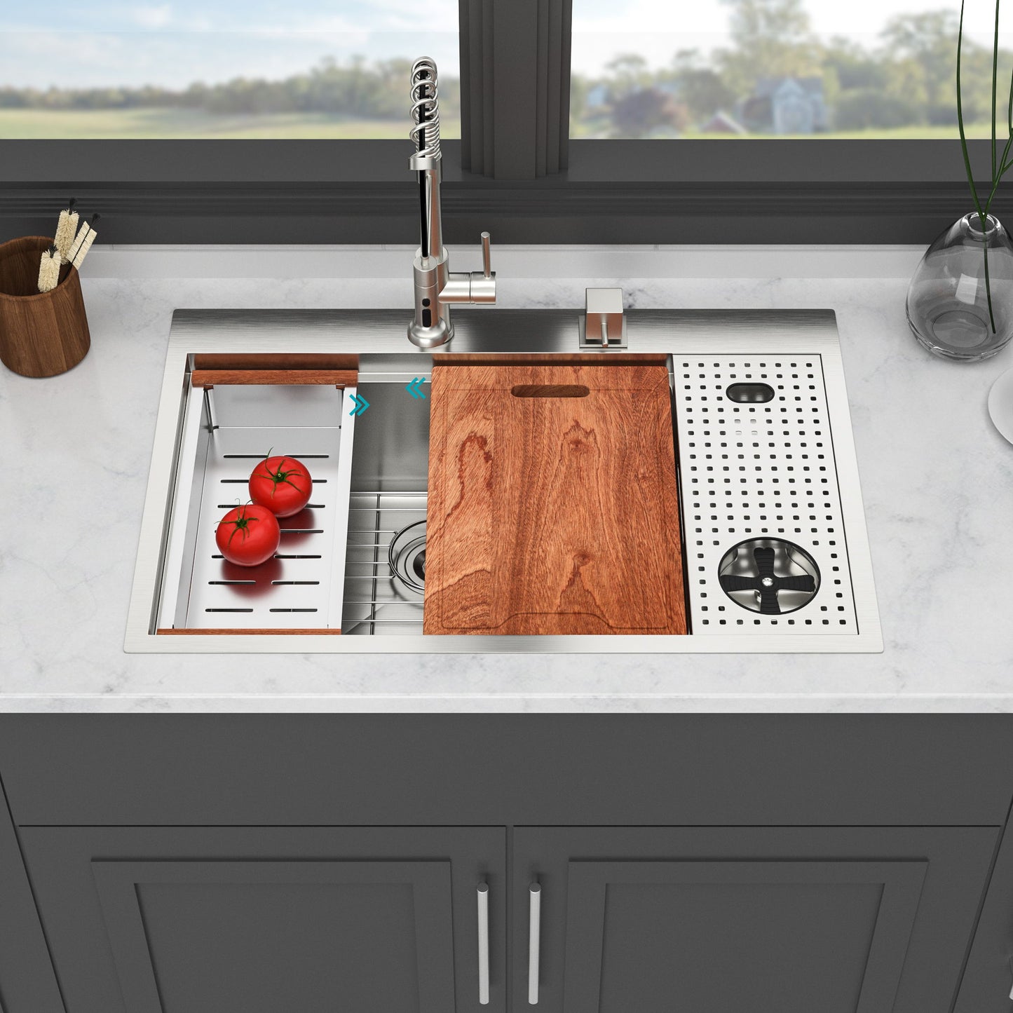 Single Bowl Workstation Kitchen Sink With Cup Washer 16 Gauge Stainless Steel - Black / Gray Daily Nest