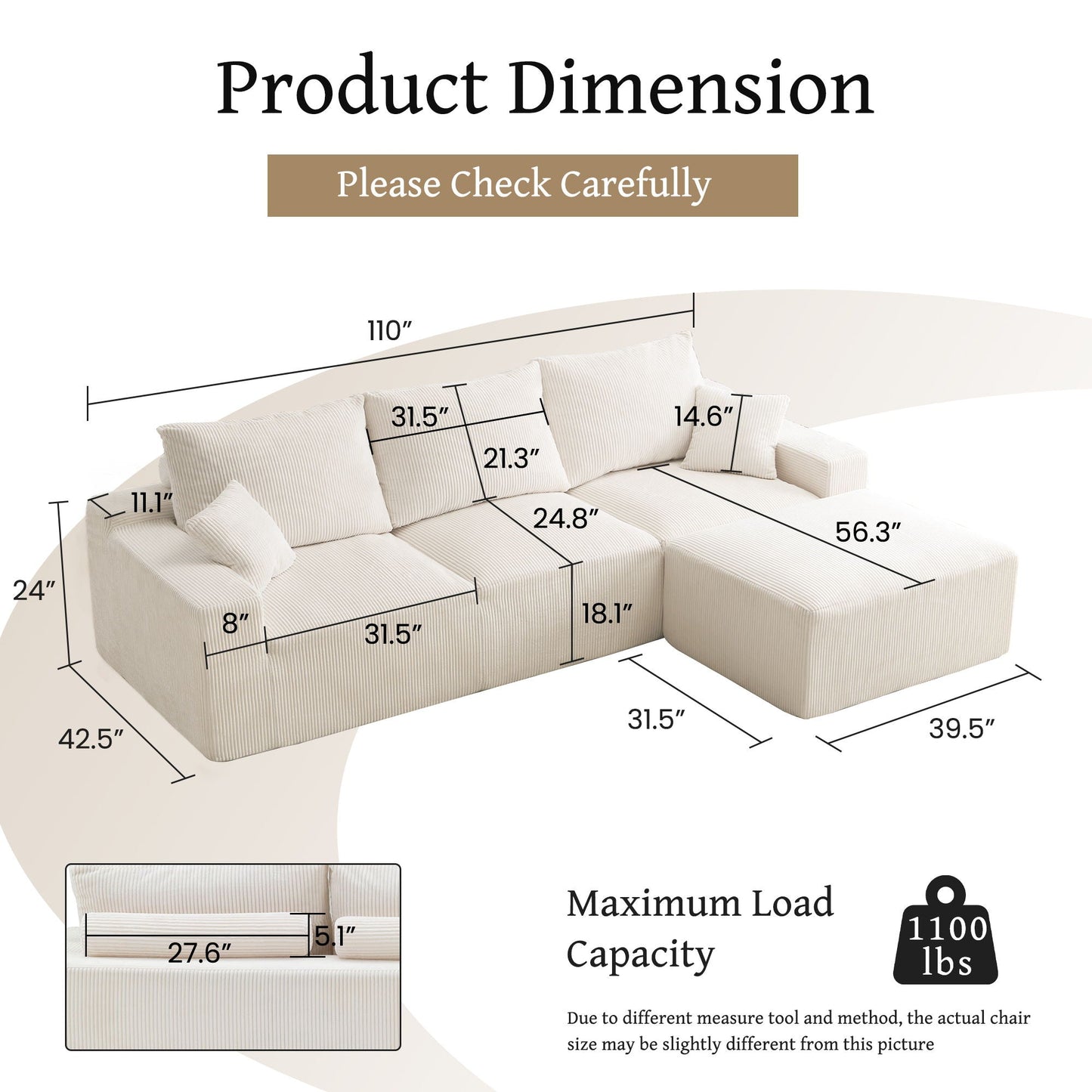 L Shaped Sectional Sofa, Full Compression 3 Seater Cloud Couch With Chaise - Snoozhouse
