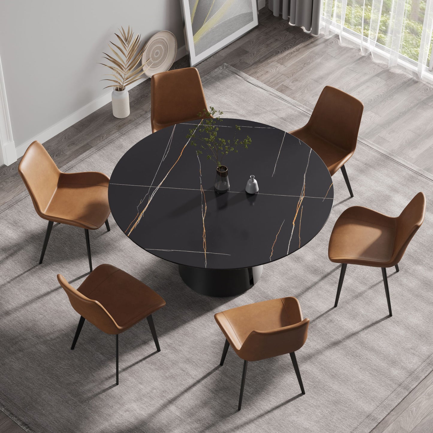 Modern Artificial Stone Round Carbon Steel Base Dining Table, Can Accommodate 6 People - Black / Gold Home Essentials