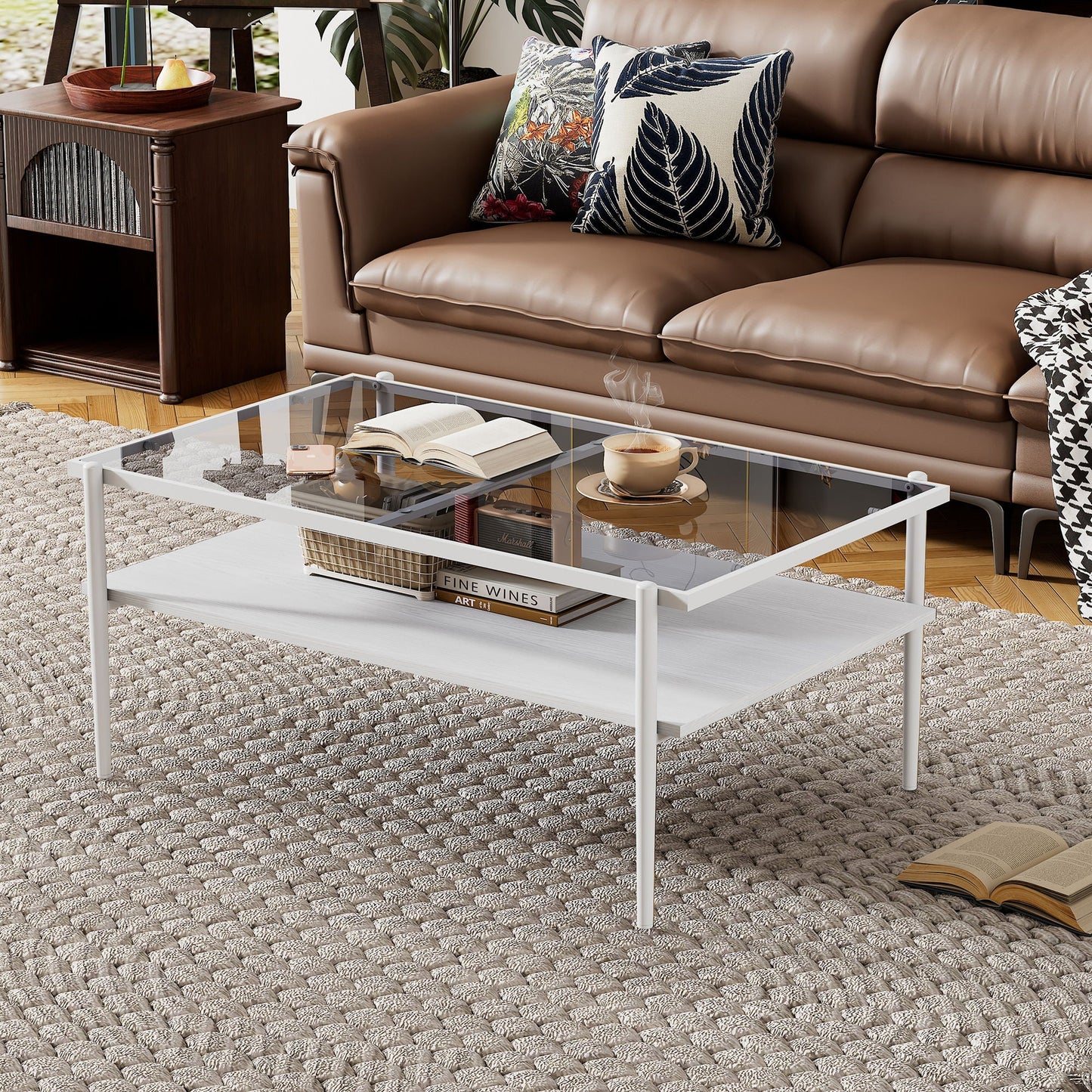 Rectangle Coffee Table With Tempered Glass Top And White Legs, Modern Table For Living Room Home Essentials