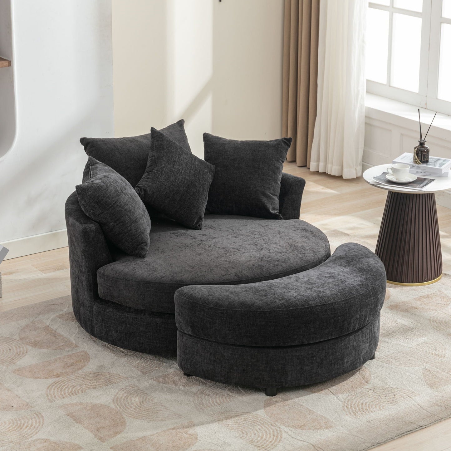 360° Swivel Accent Barrel Chair With Storage Ottoman & 4 Pillows, Modern Chenille Leisure Chair Round Accent For Living Room Hearth and Haven