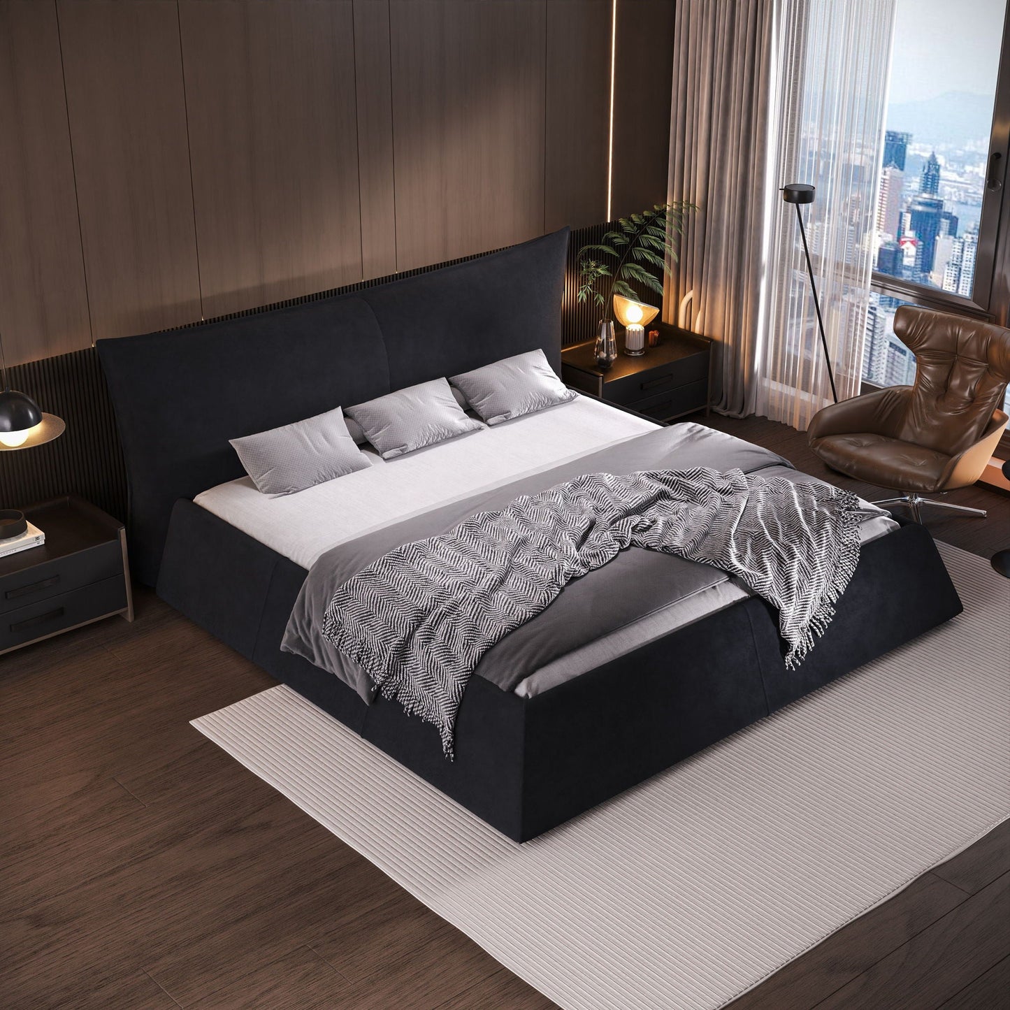 Upholstered Platform Bed With Special Shaped Velvet Headboard Home Essentials