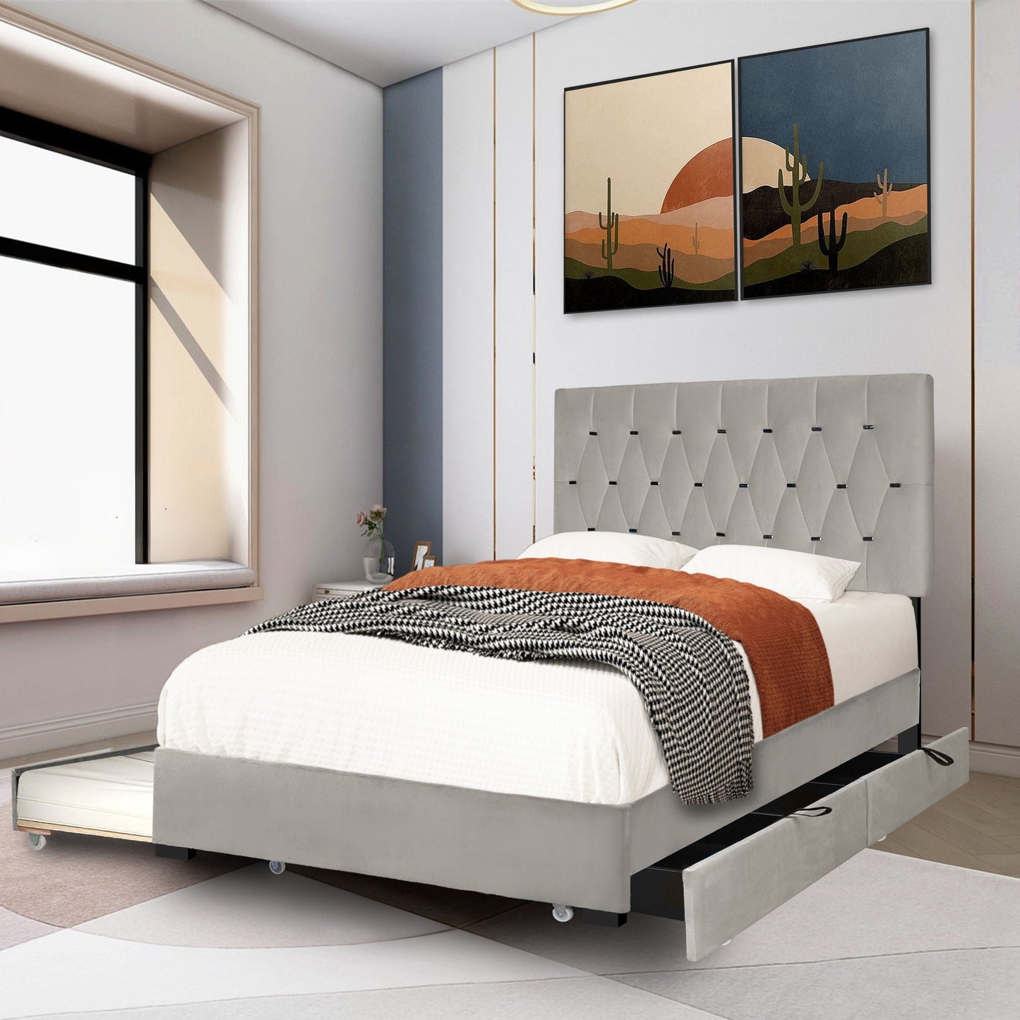 Trundle Pull Out Drawers Storage Upholstered Bed Modern Design No Box Spring Required Home Essentials