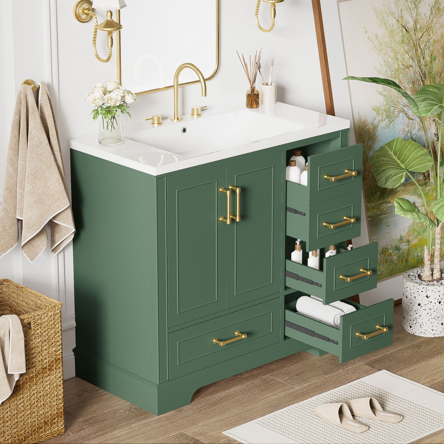 Traditional Bathroom Vanity With Resin Sink Combo Set, Bathroom Cabinet With Two Doors And Four Drawers Hearth and Haven