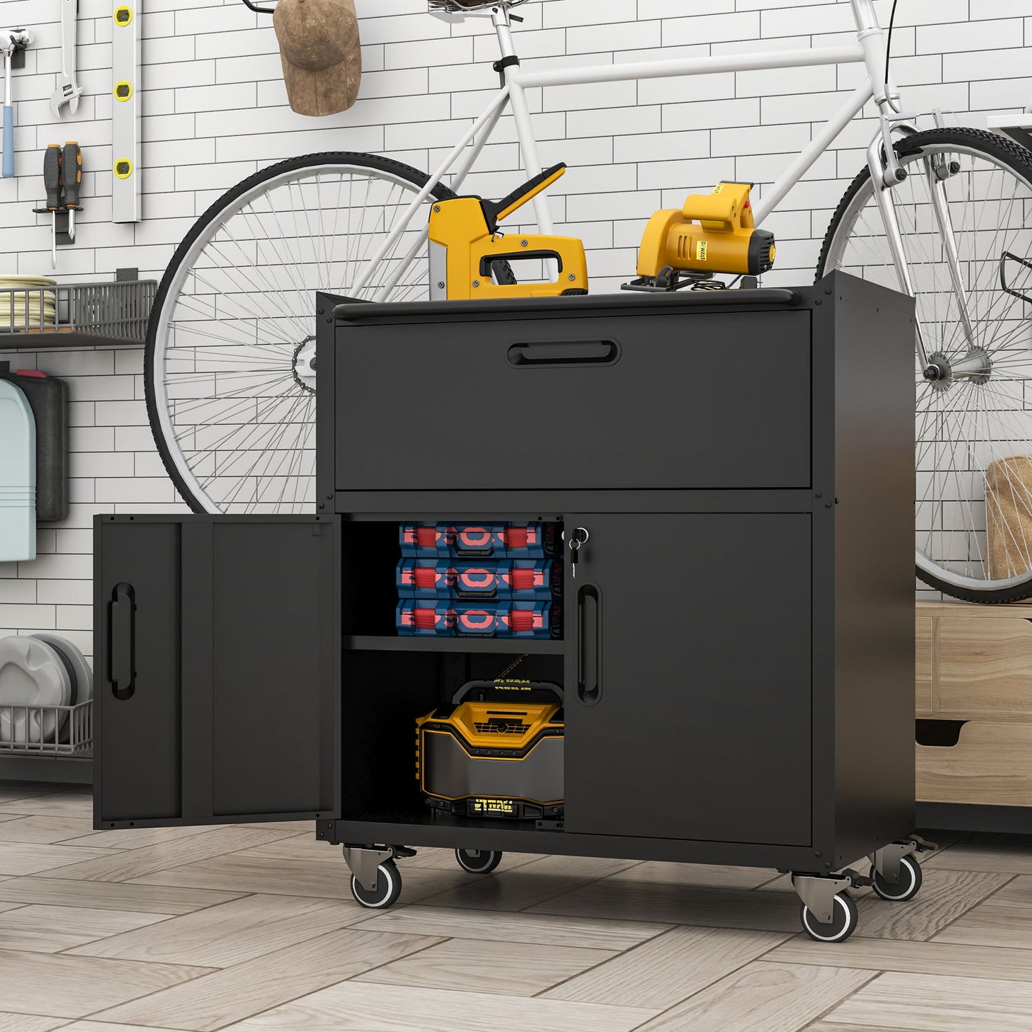 Sturdy And Durable Metal Tool Cabinet For Garage With Wheels Mobile Heavy Duty Storage Cabinet With 1 Drawer And 2 Locking Doors Daily Nest