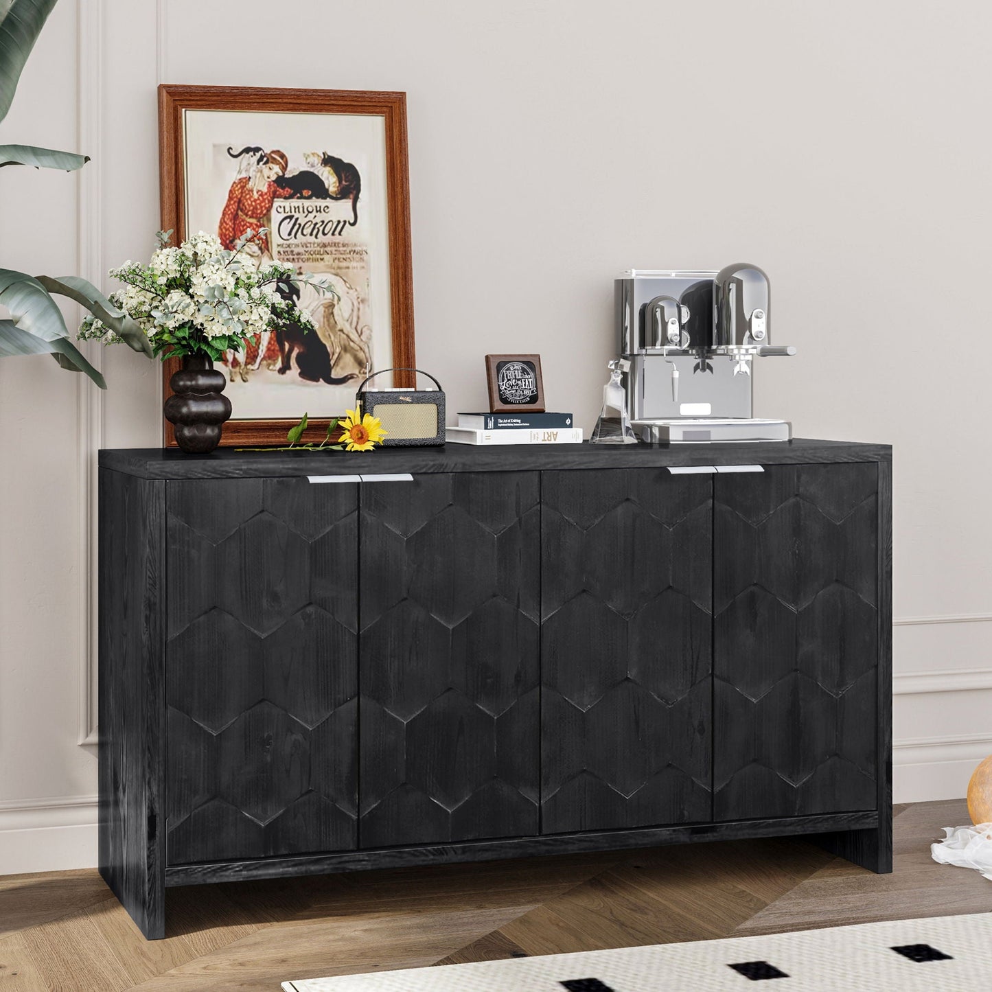Accent Cabinet Farmhouse Style 4 Door Wooden Cabinet Sideboard Buffet Server Cabinet Storage Cabinet, For Living Room, Entryway, Hallway, Office, Kitchen And Dining Room Home Essentials