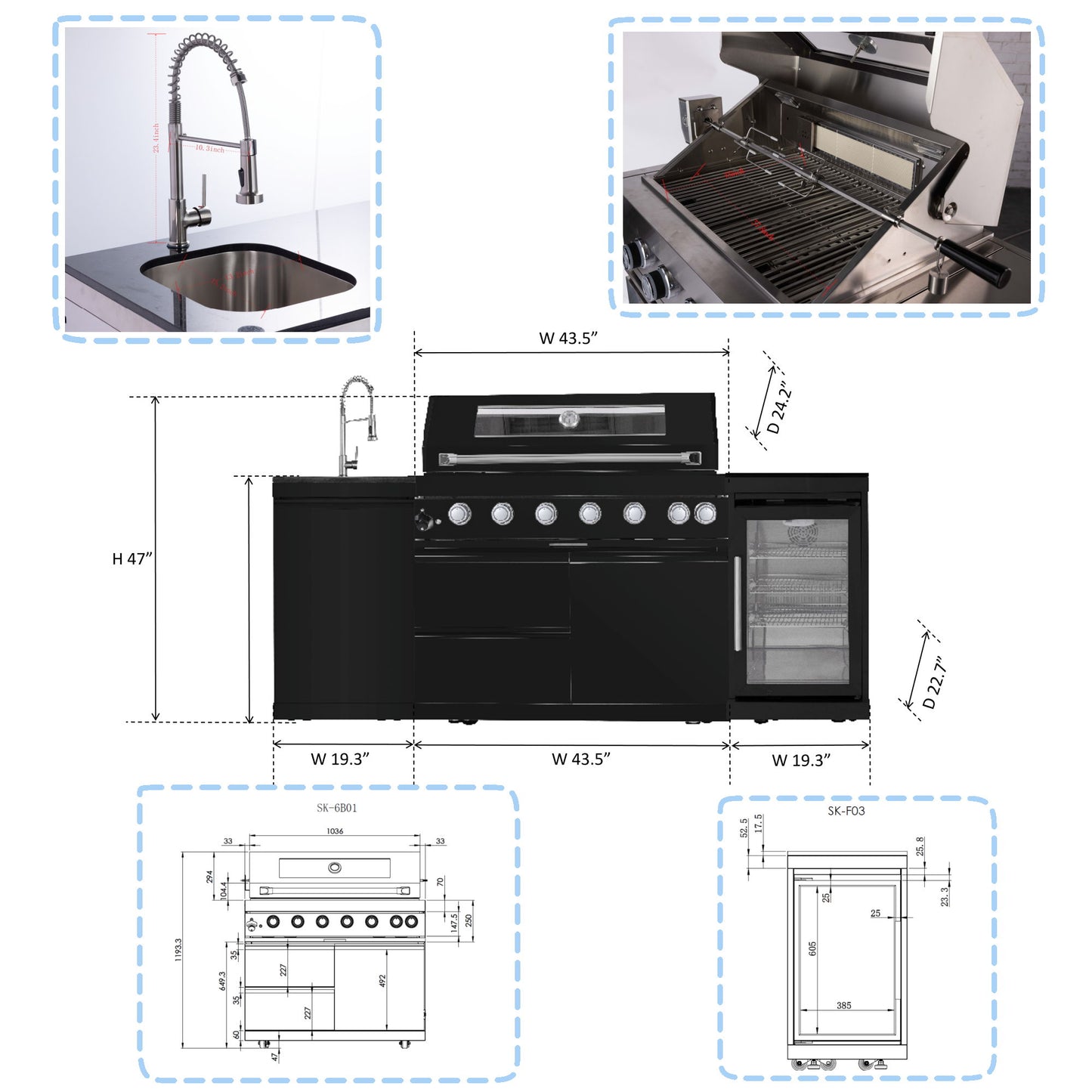 6 Burner 85, 000 Btu Outdoor Kitchen Island Grill With Wine Cooler Refrigerator, Rotisserie Kit, Granite Countertops & Sink - Black Daily Nest