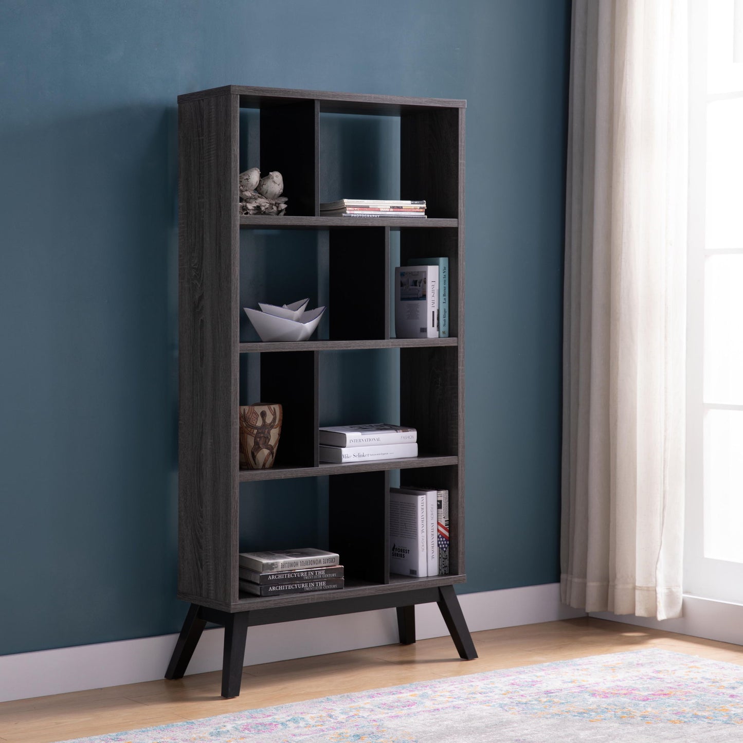 Mid-Century Modern 4 Tier Bookcase Bookshelf Display Storage - Distressed Gray Home Essentials