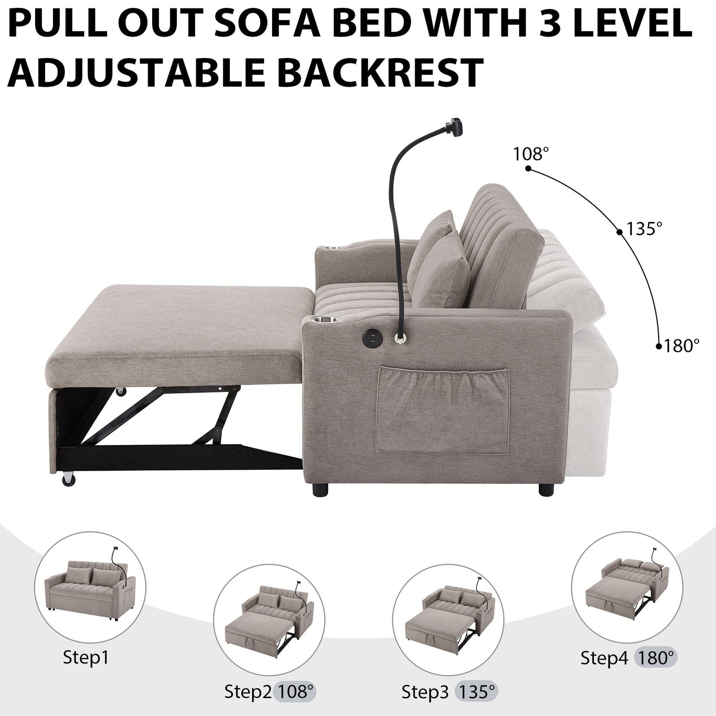 Convertible Sofa Bed Loveseat Sofa With Three USB Ports, Two Side Pockets, Two Cup Holders And 360° swivel Phone Holder For Living Room Hearth and Haven