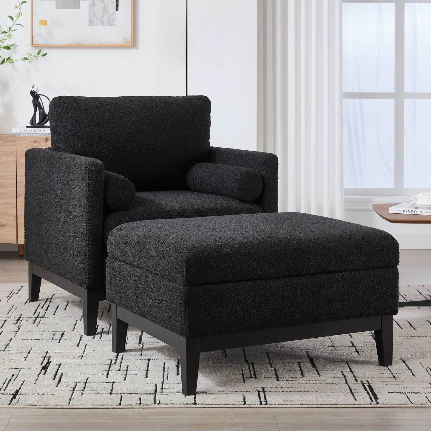 Farmhouse Upholstered Accent Chair With Ottoman, Reversible Lid Coffee Table Home Essentials