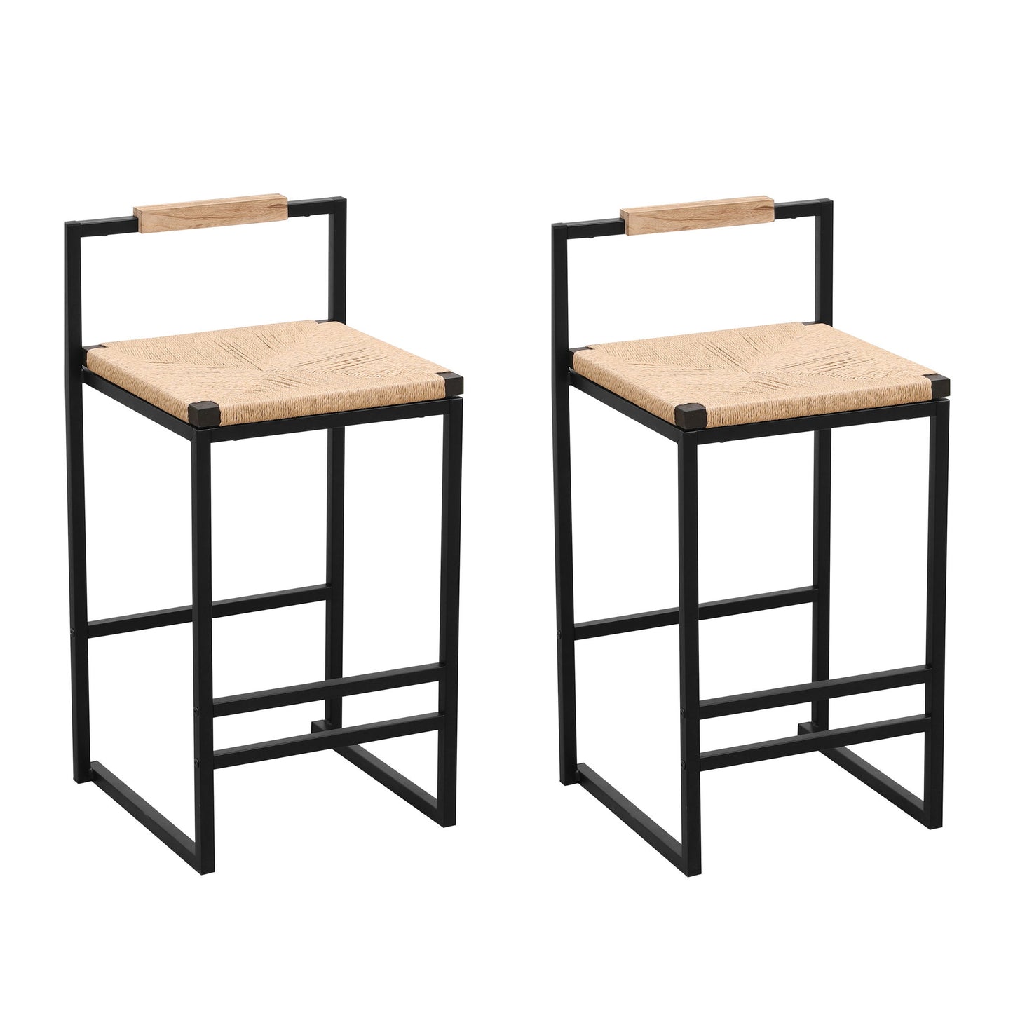 Stylish (Set of 2) Bar Stools With Backrest And Paper Rope Woven Seat, Counter Height Dining Chairs For Kitchen - Natural Home Essentials