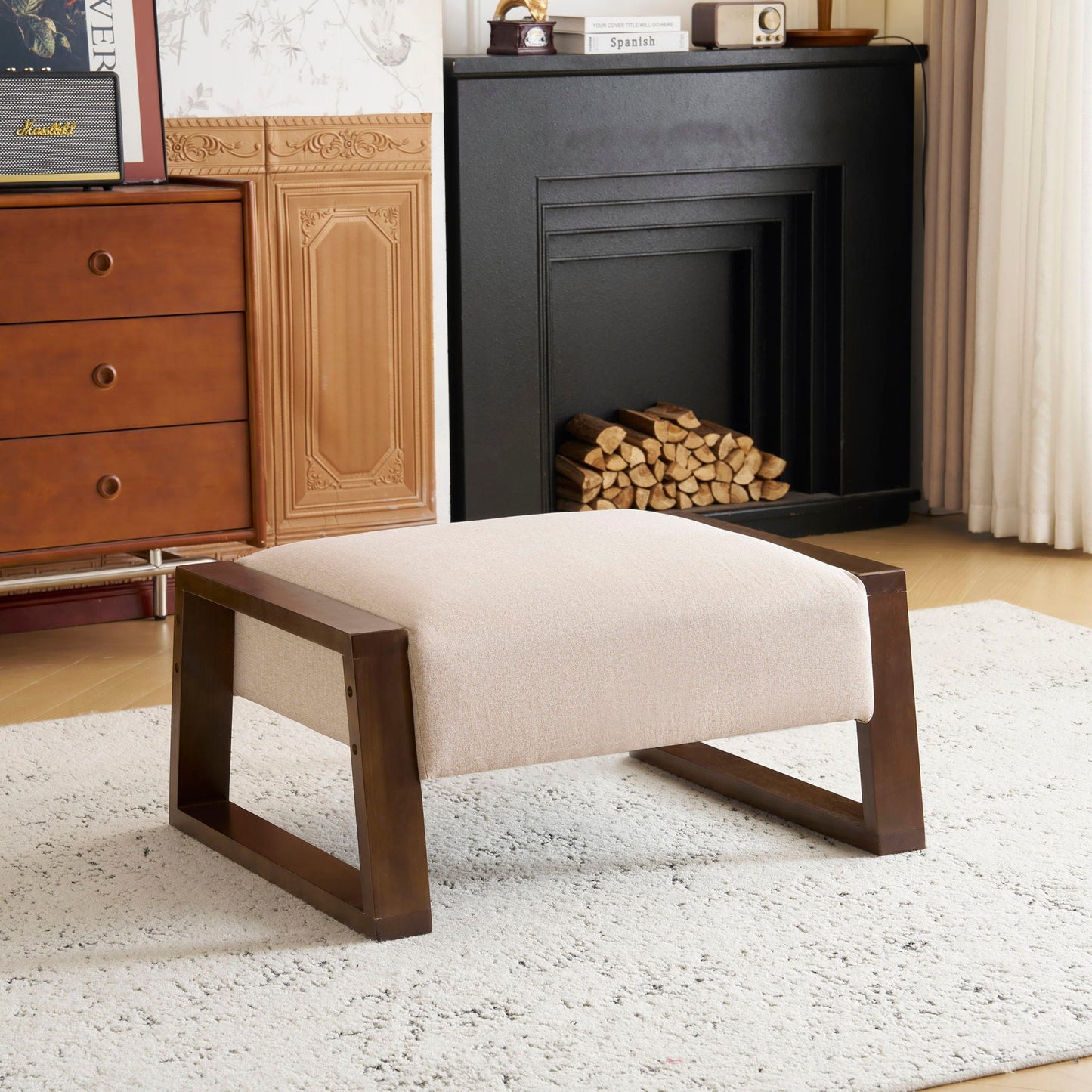 Sleek And Stylish Ottoman Polyester With Rubberwood Legs - Beige Noble House