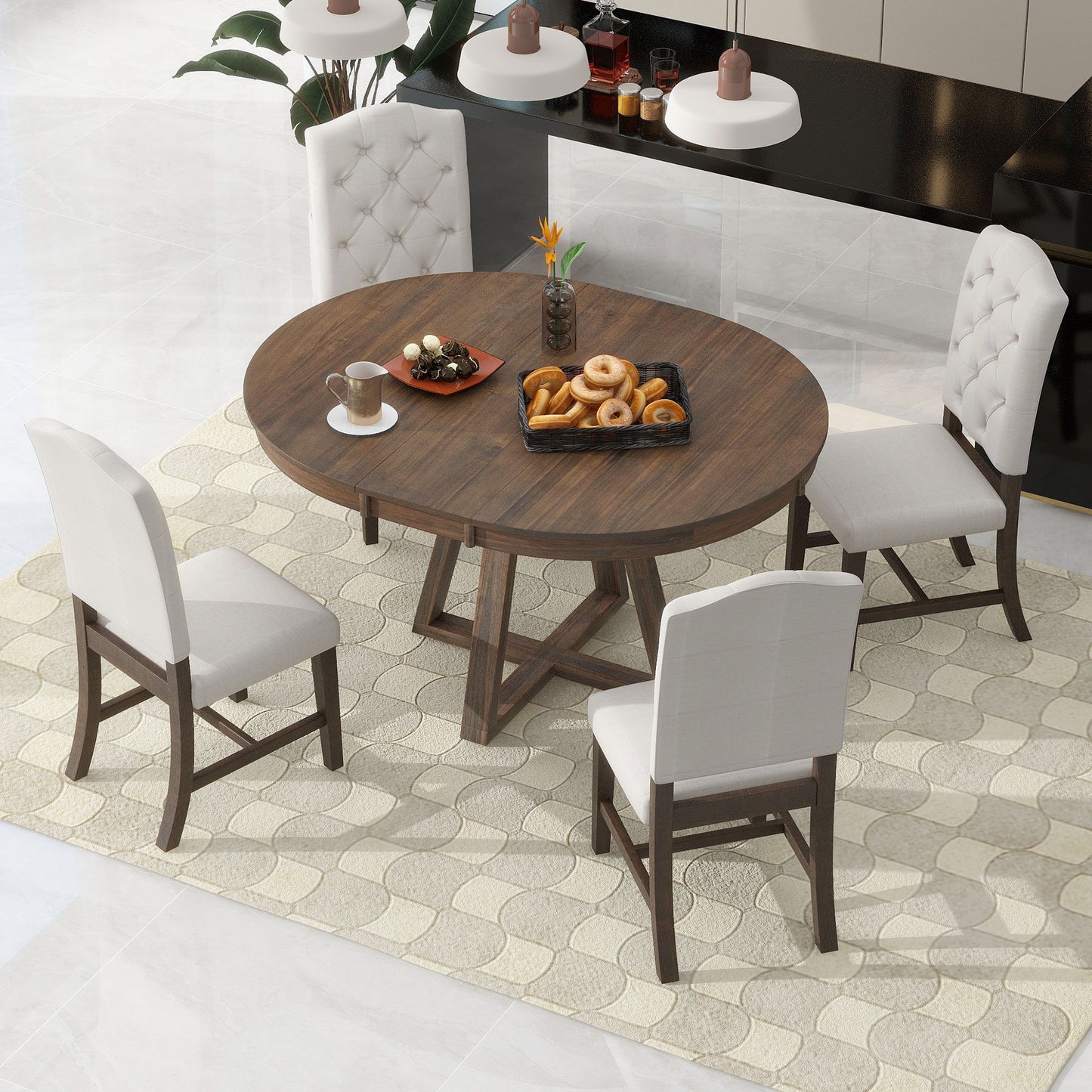 Retro Functional Dining Set, Round Table With Leaf And Upholstered Chairs For Dining Room And Living Room Hearth and Haven
