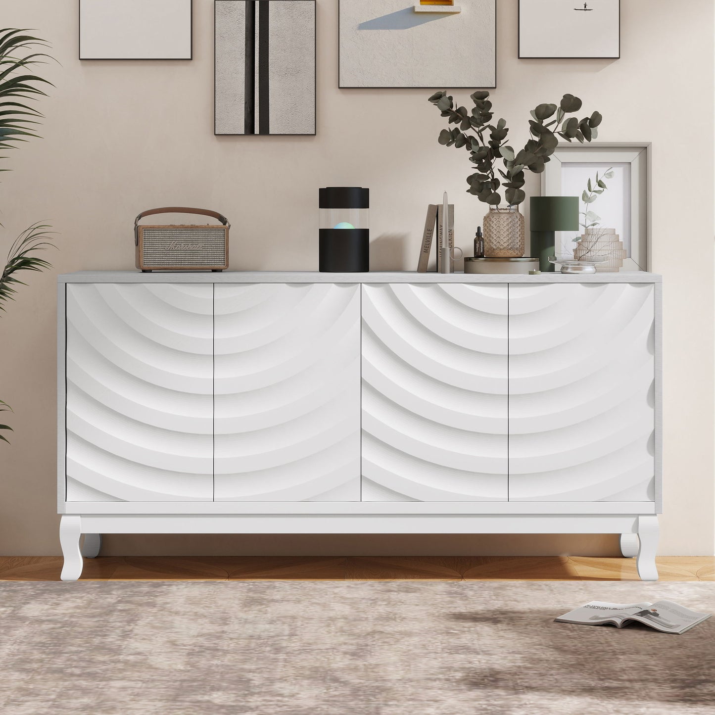 Elegant Sideboard With Sophisticated Wavy Pattern Doors And Arched Groove Design, Adjustable 4 Door Layout Home Essentials