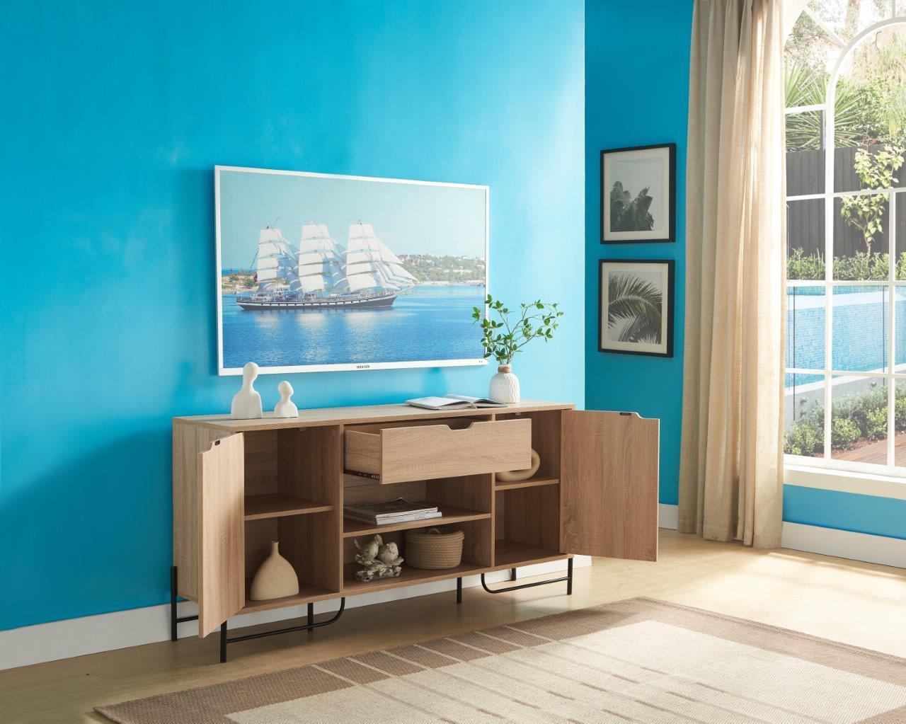 Buffet With Metal Legs With Two Door, One Drawer And Six Shelves Home Essentials