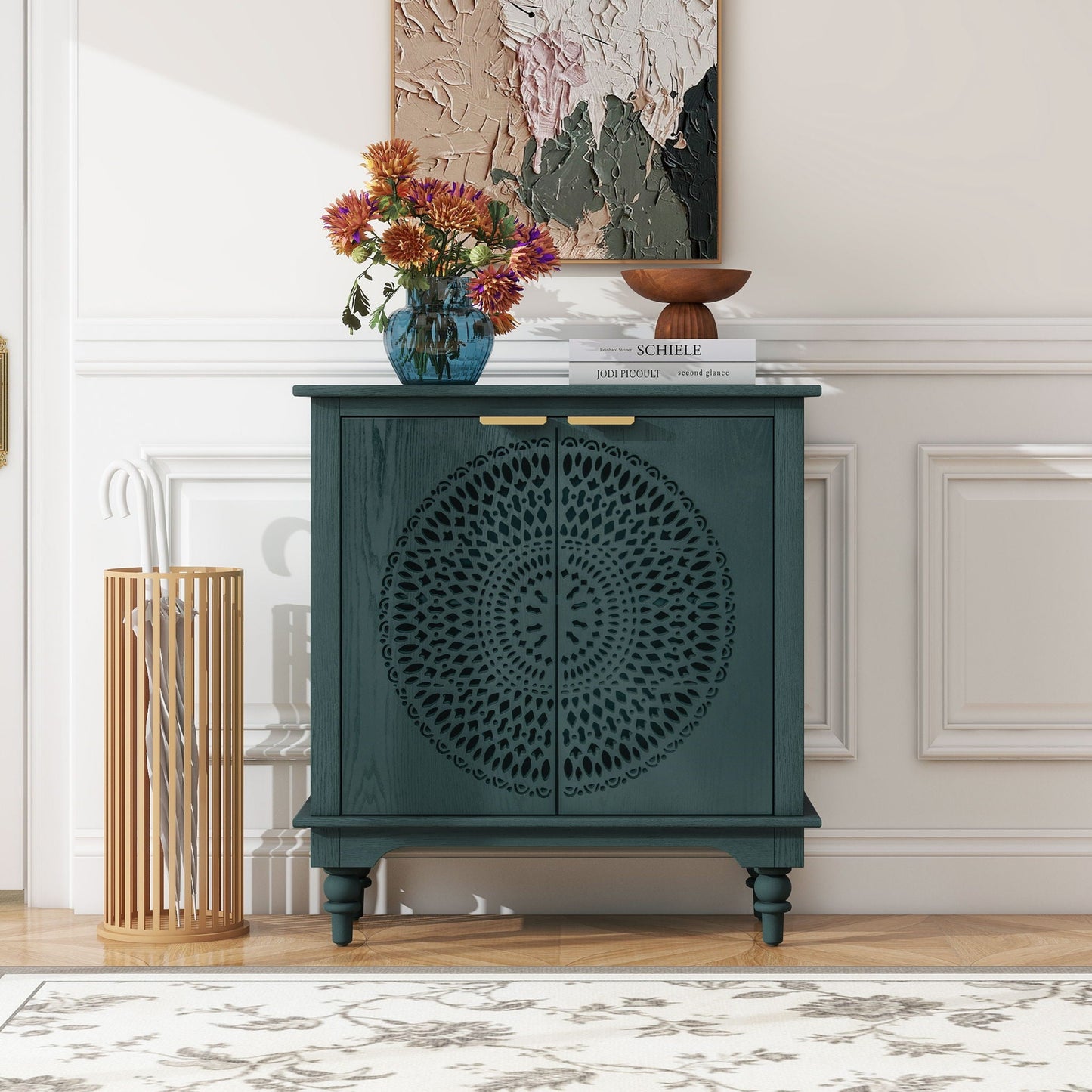 Hollow Carved 2 Door Accent Cabinet With Adjustable Shelf, Sideboard Buffet For Entryway, Living Room Or Bedroom - Blackish Green Home Essentials