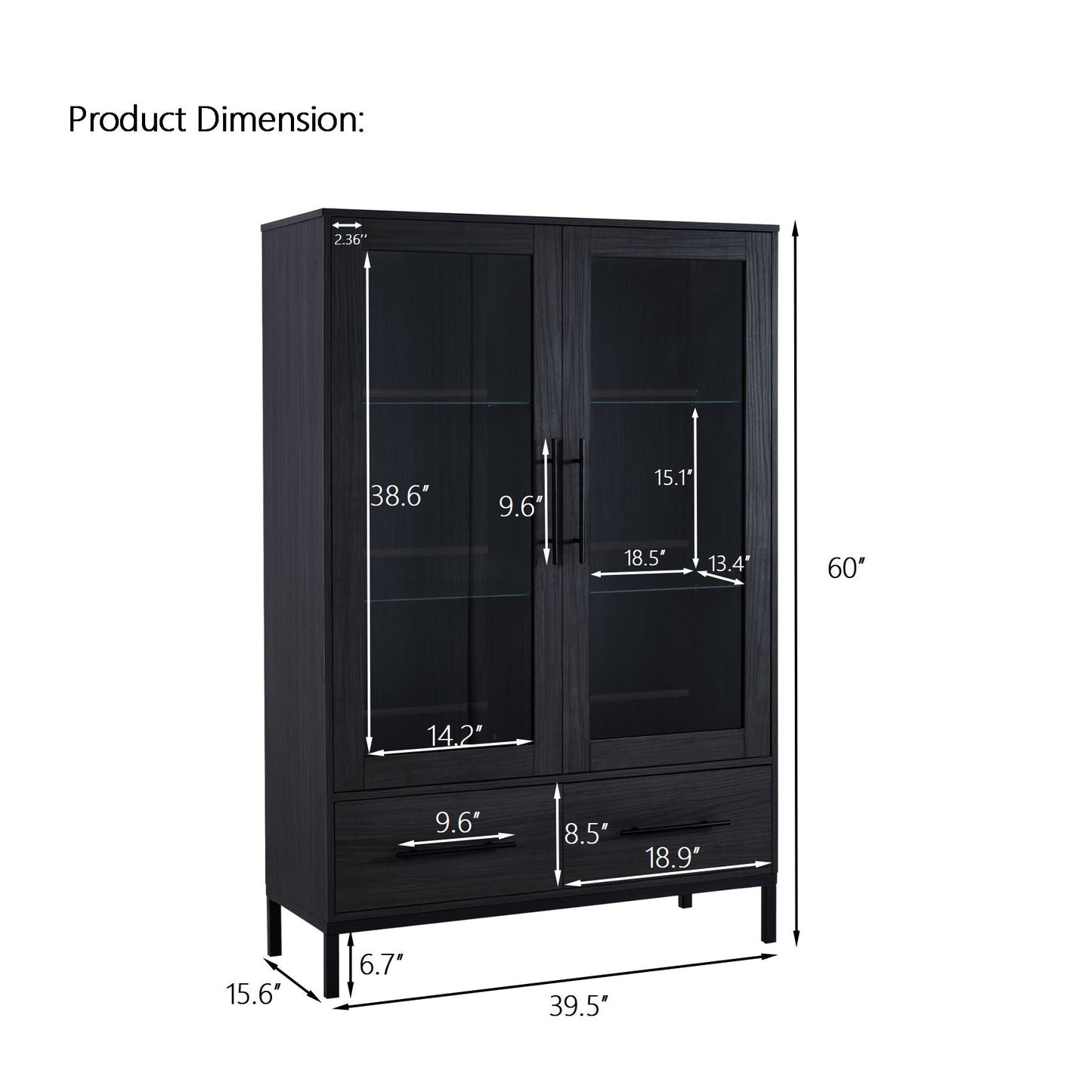 Modern Style Tall Display Cabinet With LED Lighting, Tempered Glass Door, 2 Drawers Hearth and Haven