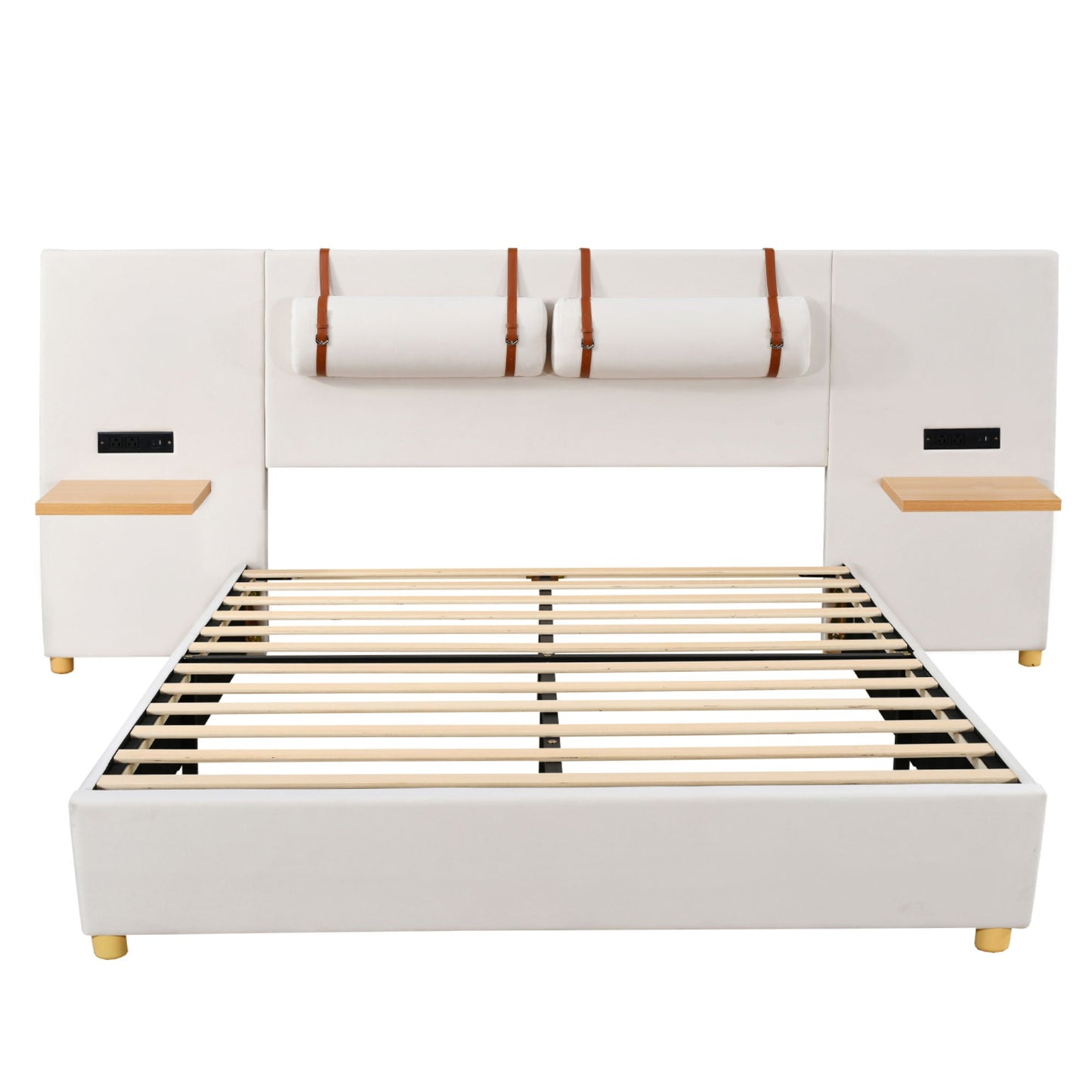 Upholstered Platform Bed, 2 Outlets And USB Charging Ports On Both Sides, 2 Bedside Pillows, Storage Shelves Halcyon Home