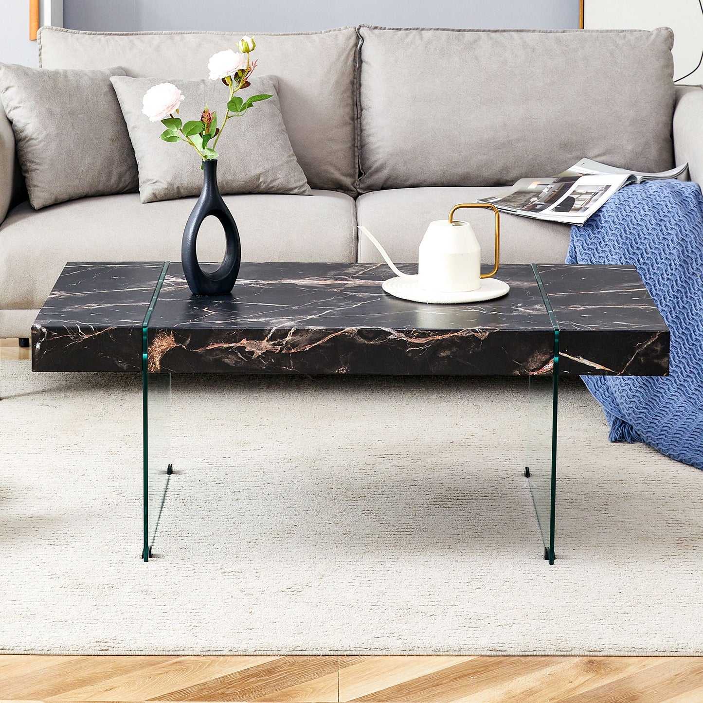 Modern Marble Patterned Coffee Table With Tempered Glass Legs Home Essentials