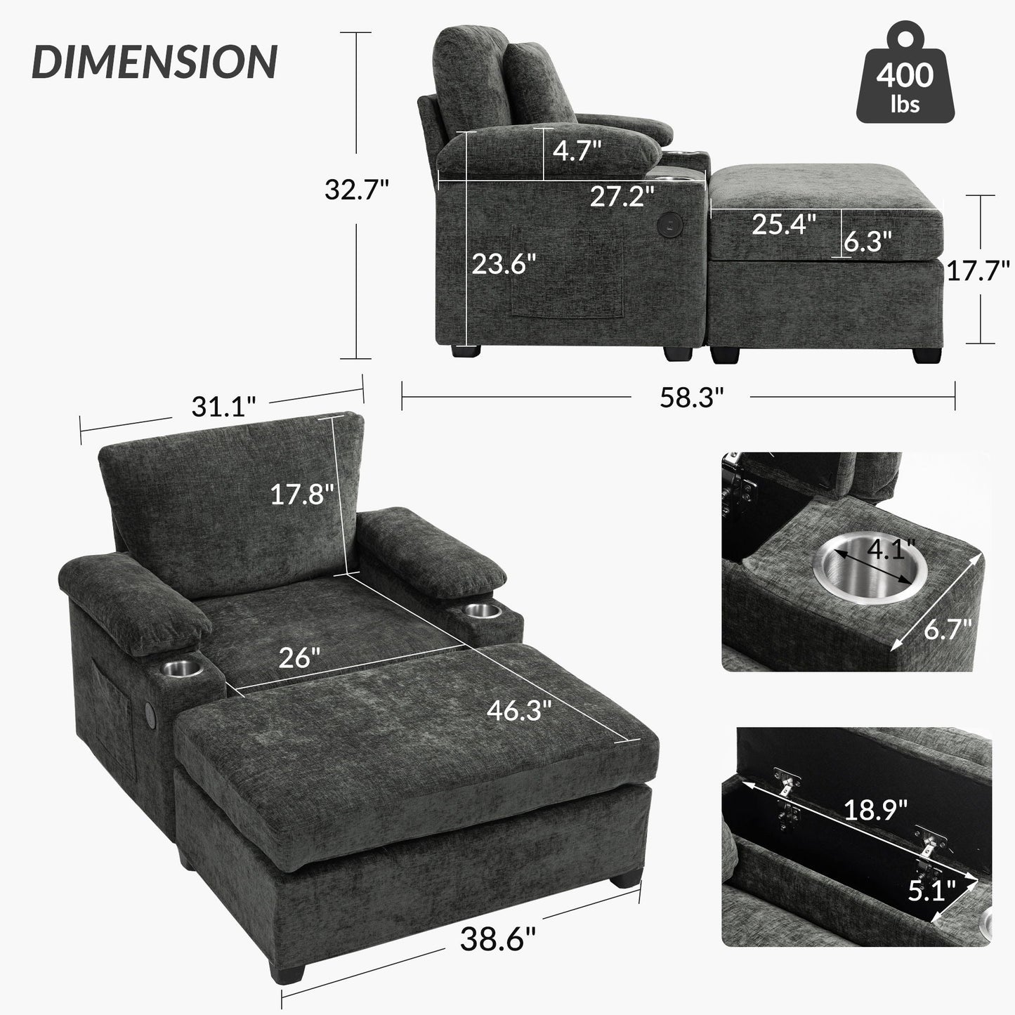 Modern Oversized Chair With Ottoman, Cupholders And USB Charging Ports Home Essentials