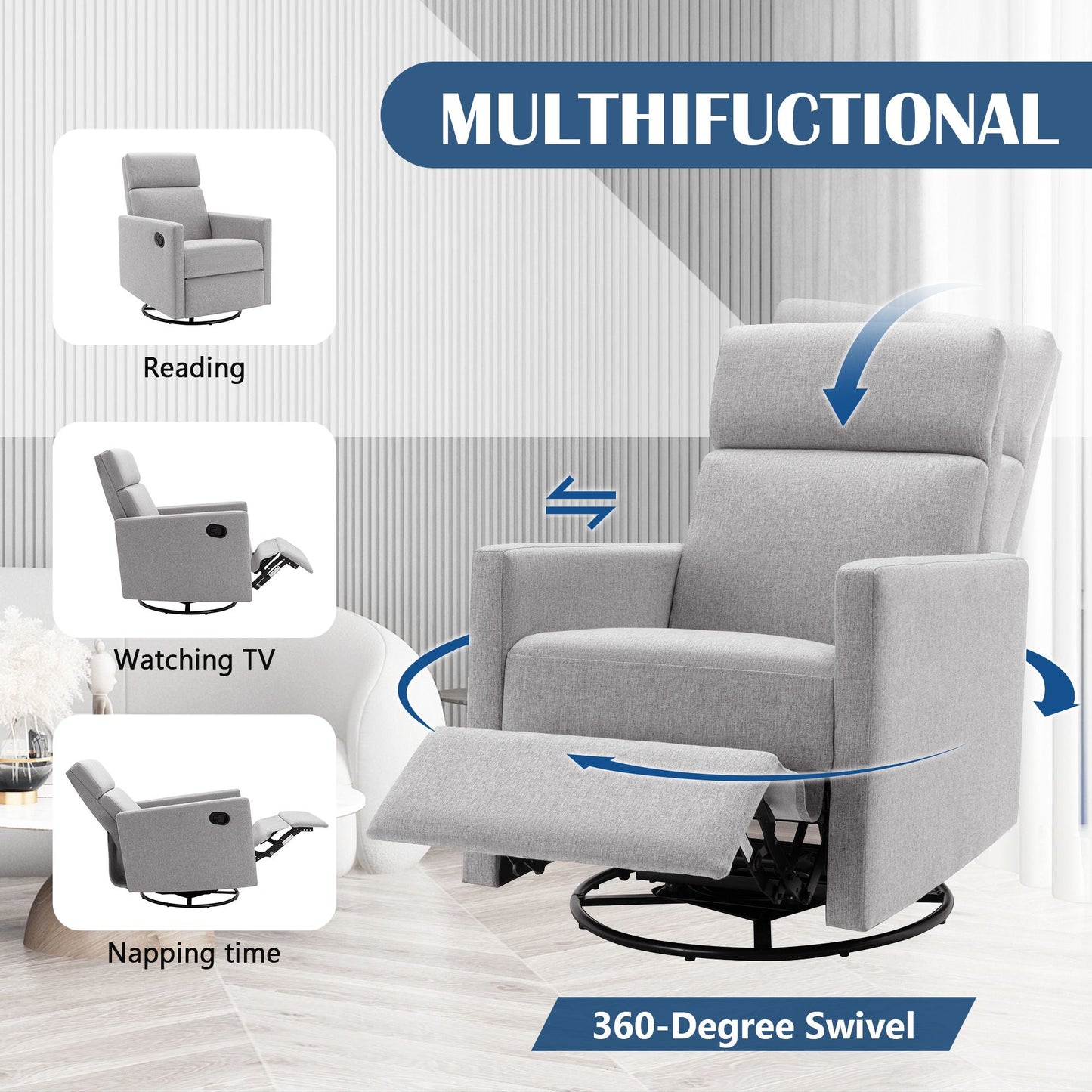 Modern Upholstered Rocker Nursery Chair Plush Seating Glider Swivel Recliner Chair Hearth and Haven