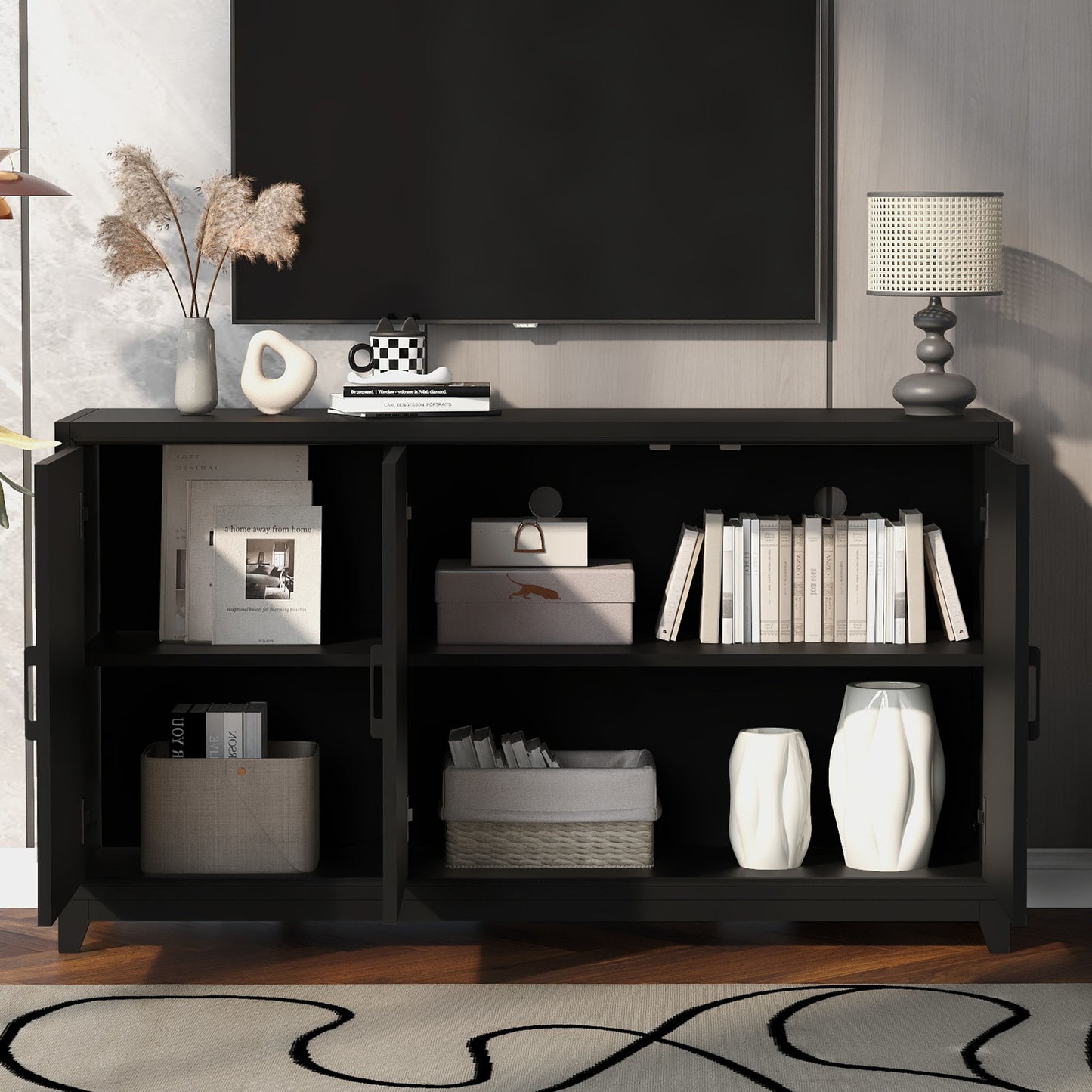 TV Stand For TVs Up To 65", Modern Entertainment Center Media Console Cabinet With 2 Spacious Storage Space, Solid Wood Legs For Living Room Hearth and Haven