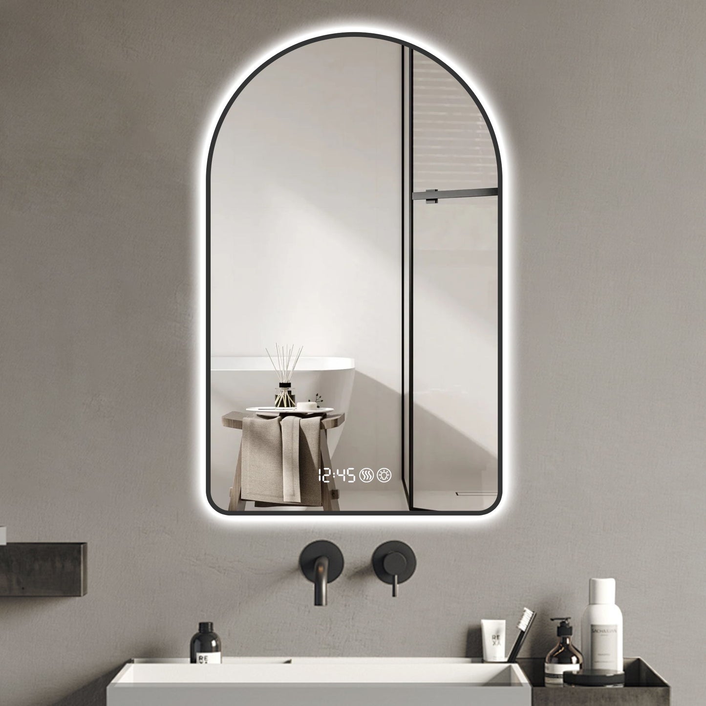 Modern Arched LED Bathroom Mirror With Time And Temperature Display, Anti Fog, Dimmable Light - Black Daily Nest