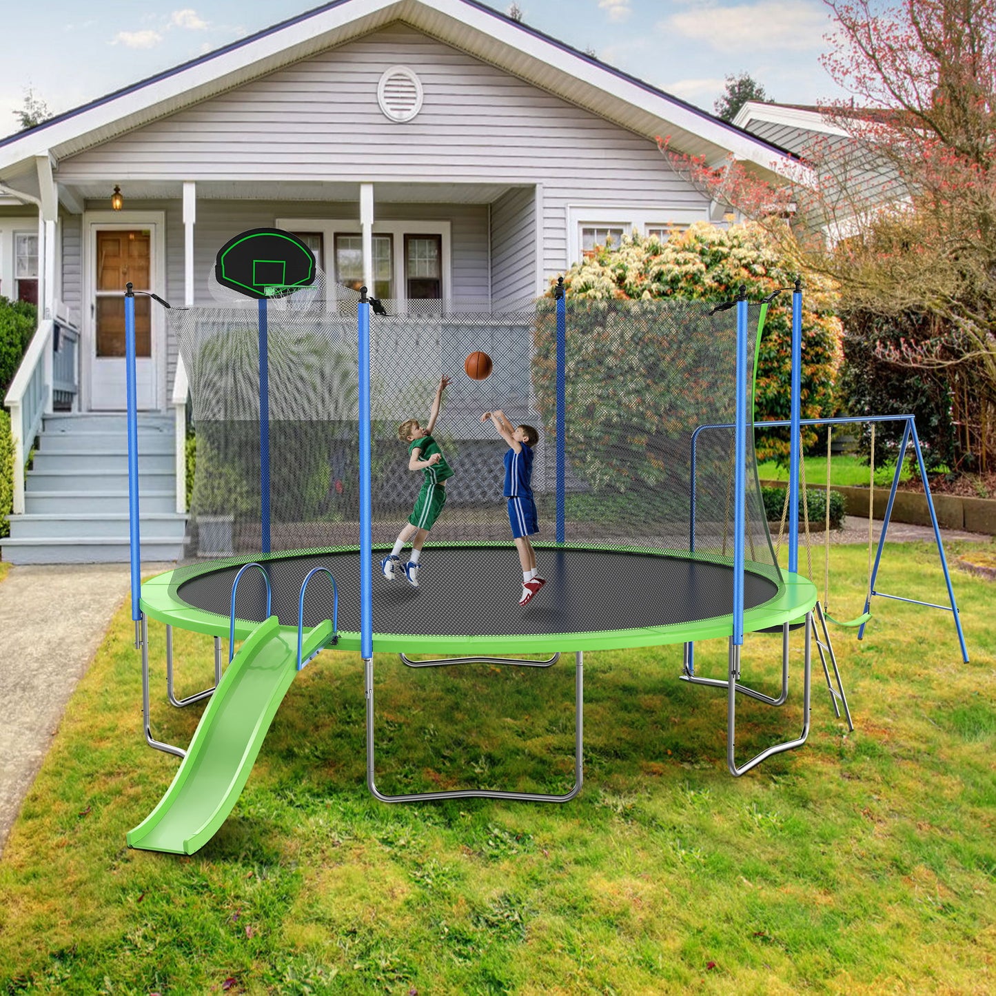 14Ft Trampoline With Slide And Swings, Astm Approved Large Recreational Trampoline With Basketball Hoop And Ladder, Outdoor Backyard Trampoline With Net, Capacity For Kids And Adults - Green / Blue Daily Nest