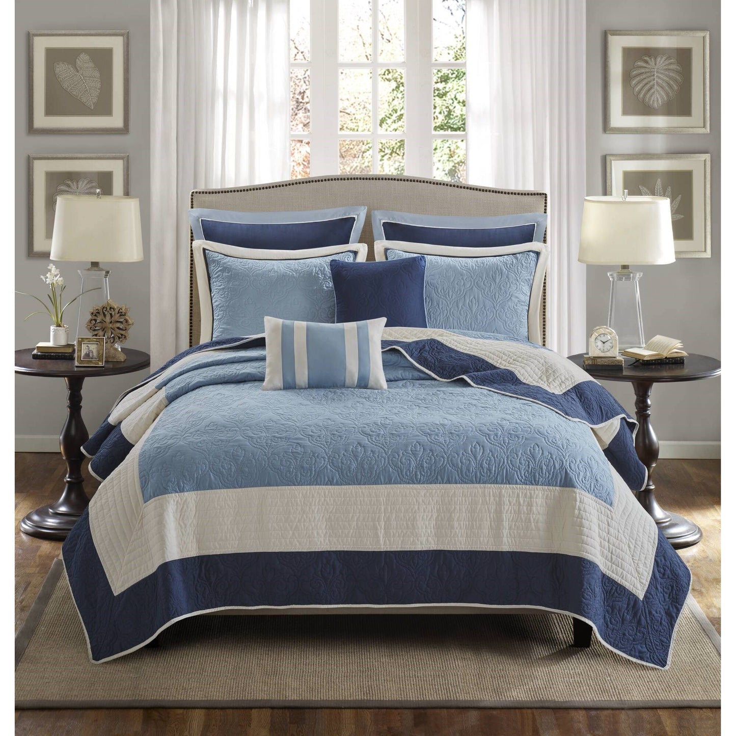 Attingham - Full/Queen 7 Piece Quilt Set With Euro Shams And Throw Pillows - Navy Madison Park