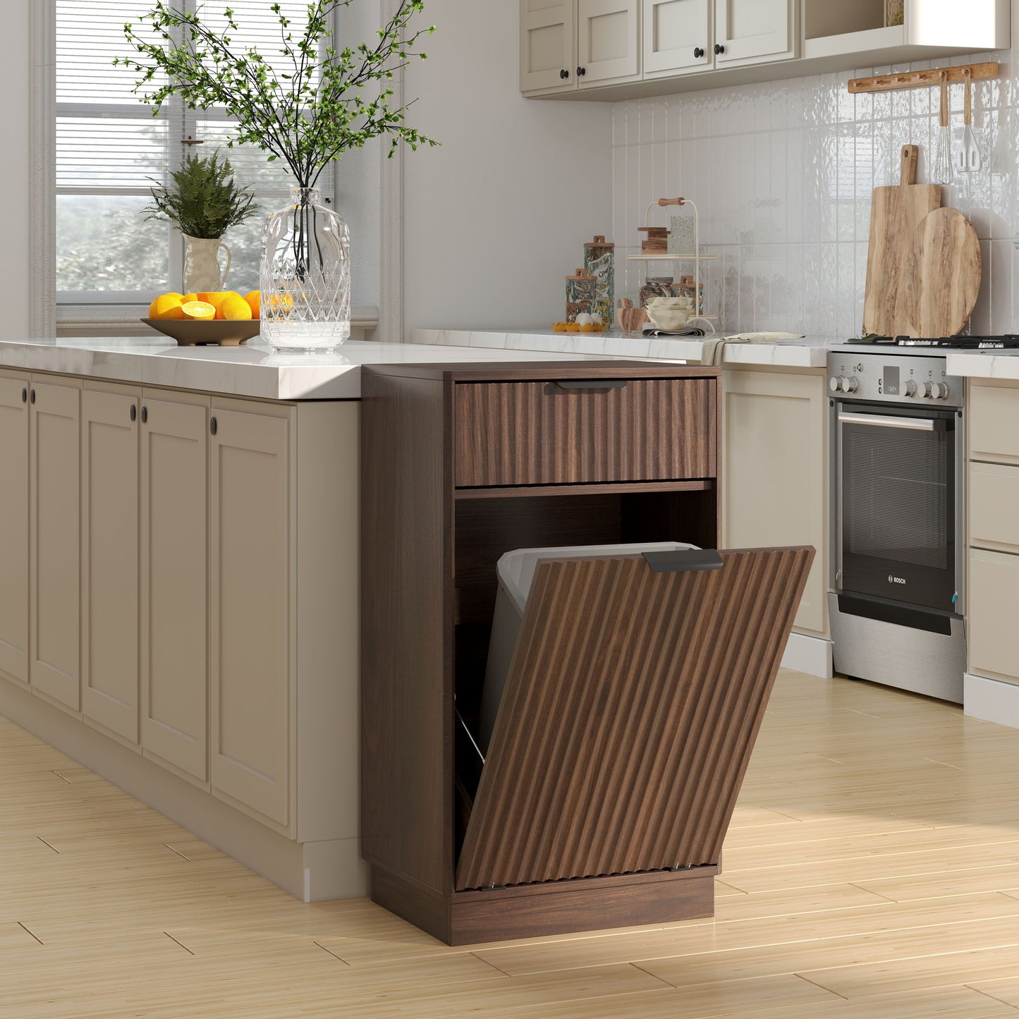 Tilt Out Trash Can Cabinet With Wave Textured Drawer & Pull Out Bin Home Essentials