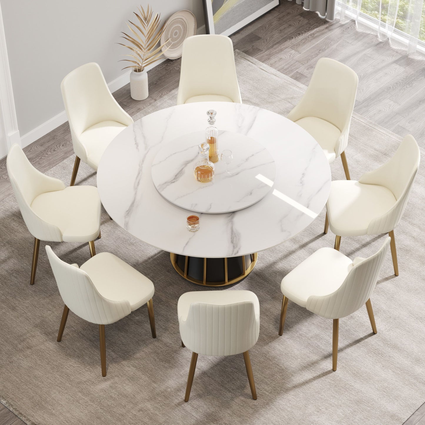 59.05" Modern Artificial Stone Round Panel Metal Iron Base Dining Table, Can Accommodate 8 People Artificial Stone Turntable (Not Including Chairs) - White / Black Home Essentials