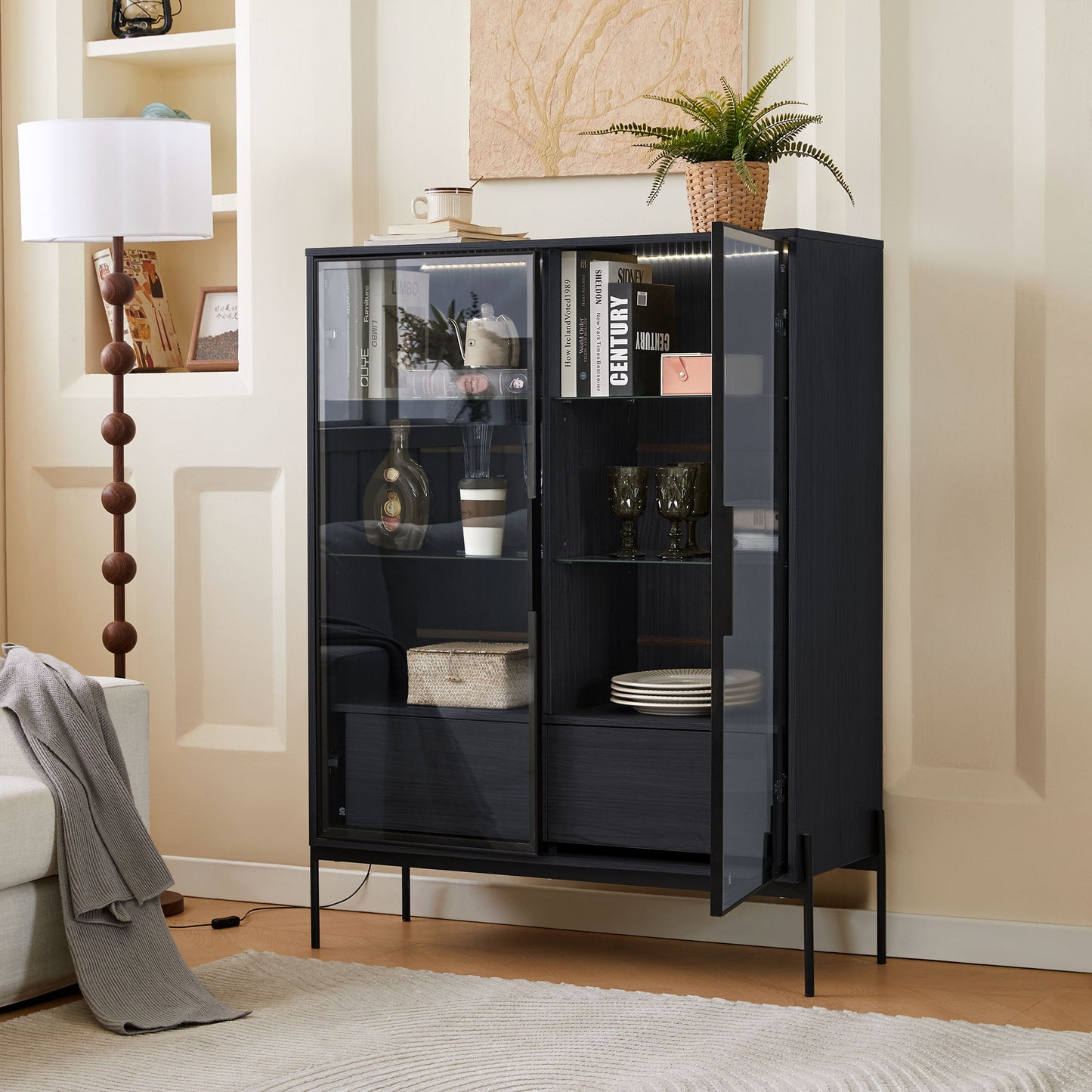 Modern Minimalist Style LED Curio Cabinet With Tempered Glass Door, Metal Legs Hearth and Haven