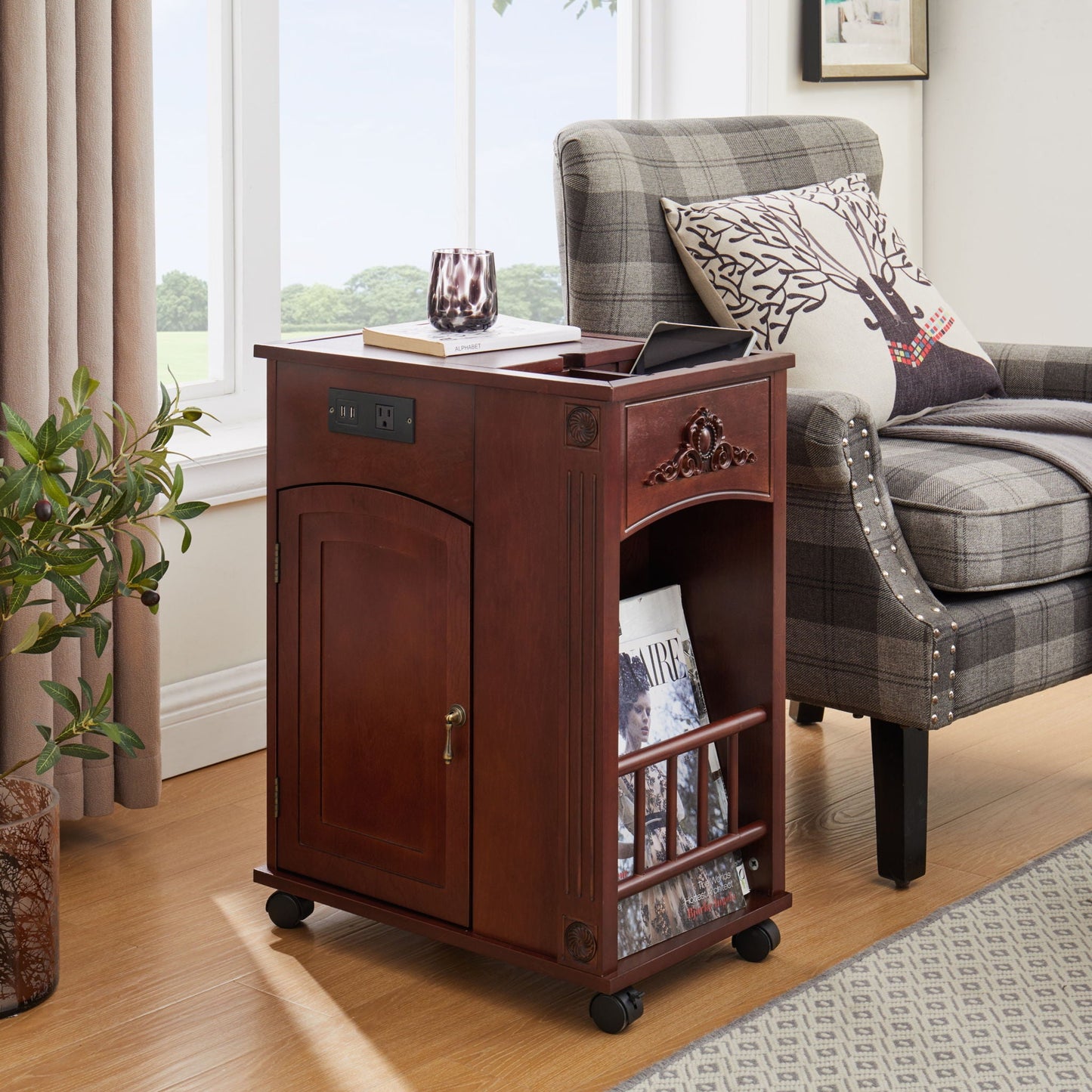 Traditional End Table With Charging Station, Narrow Side Table With USB Ports And Outlets - Red Walnut Home Essentials