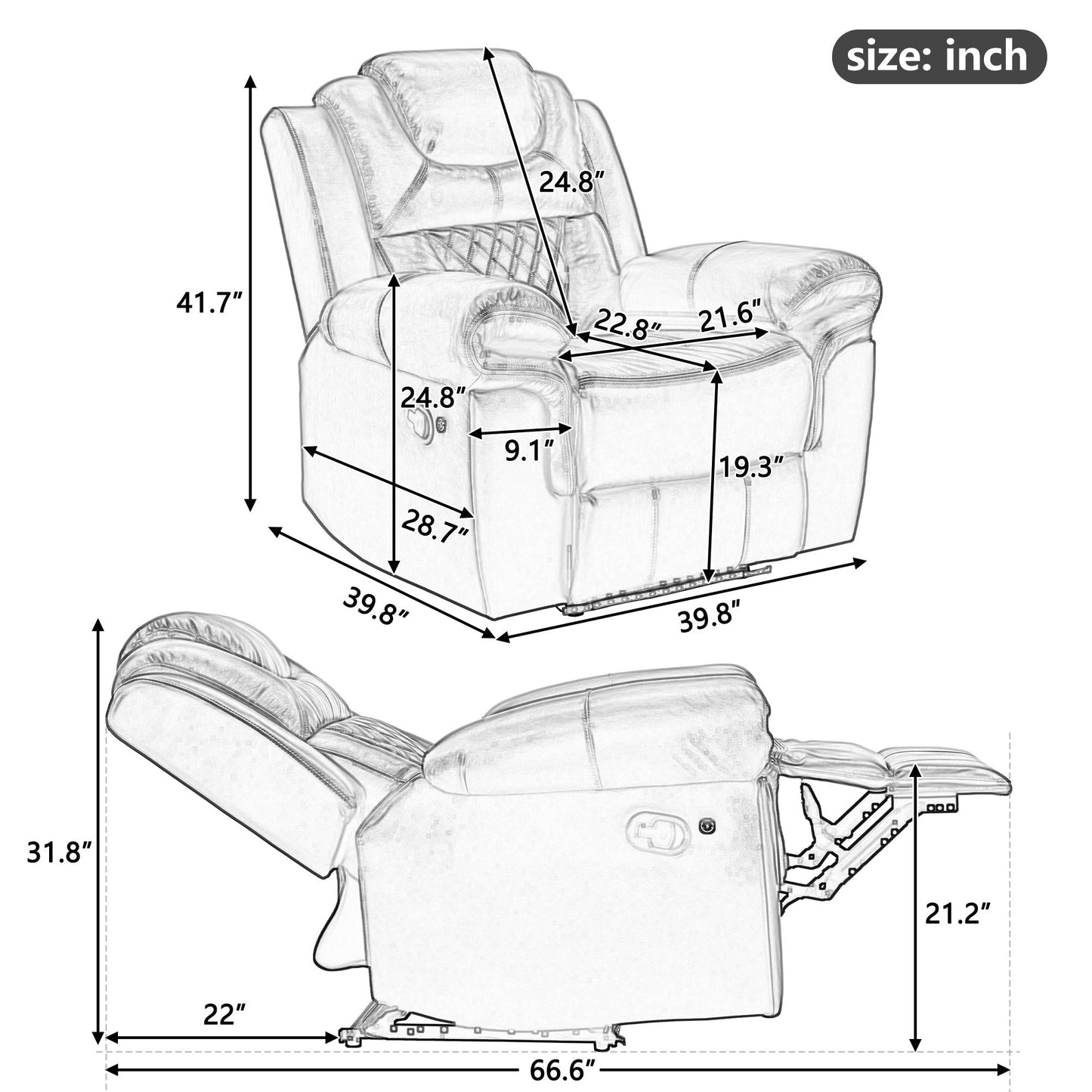 Home Theater Seating Manual Recliner Chair, Led Light Strip For Living Room - Black Hearth and Haven