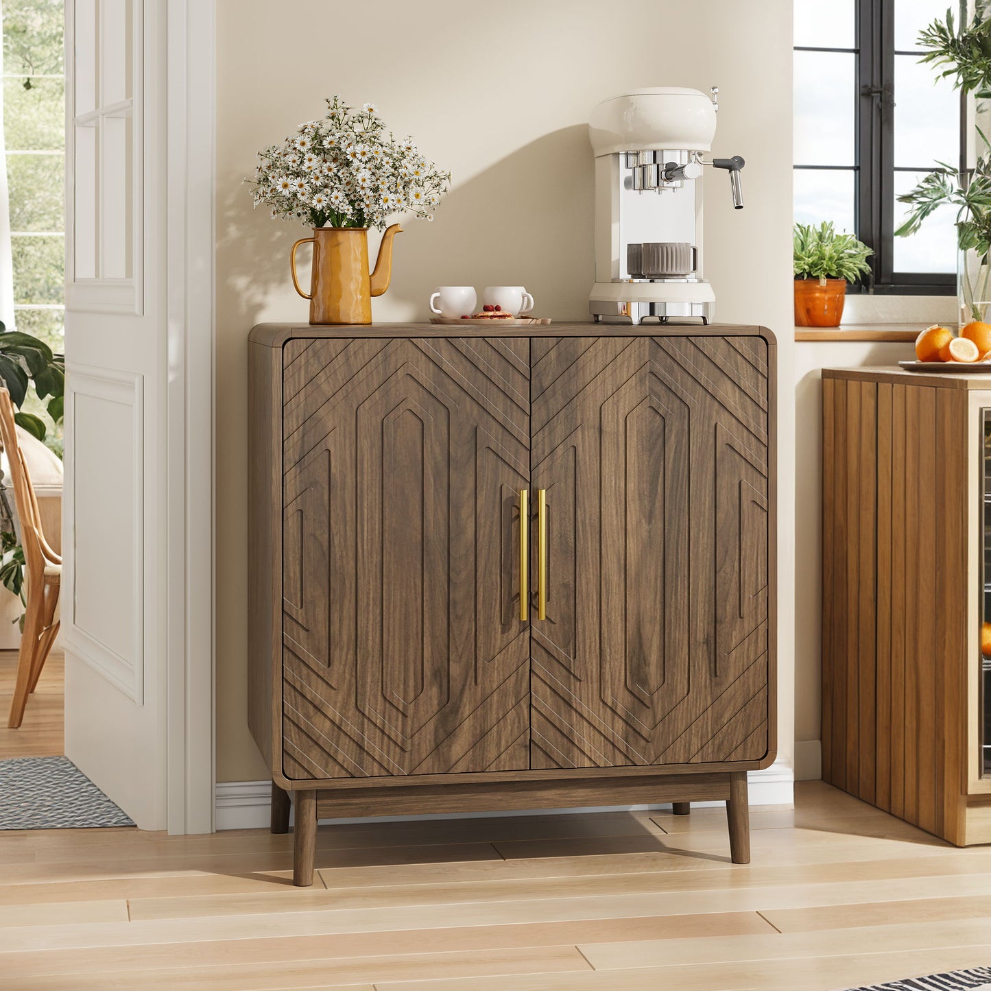 Sideboard Buffet Cabinet With Carved Doors And Adjustable Layer Board Home Essentials