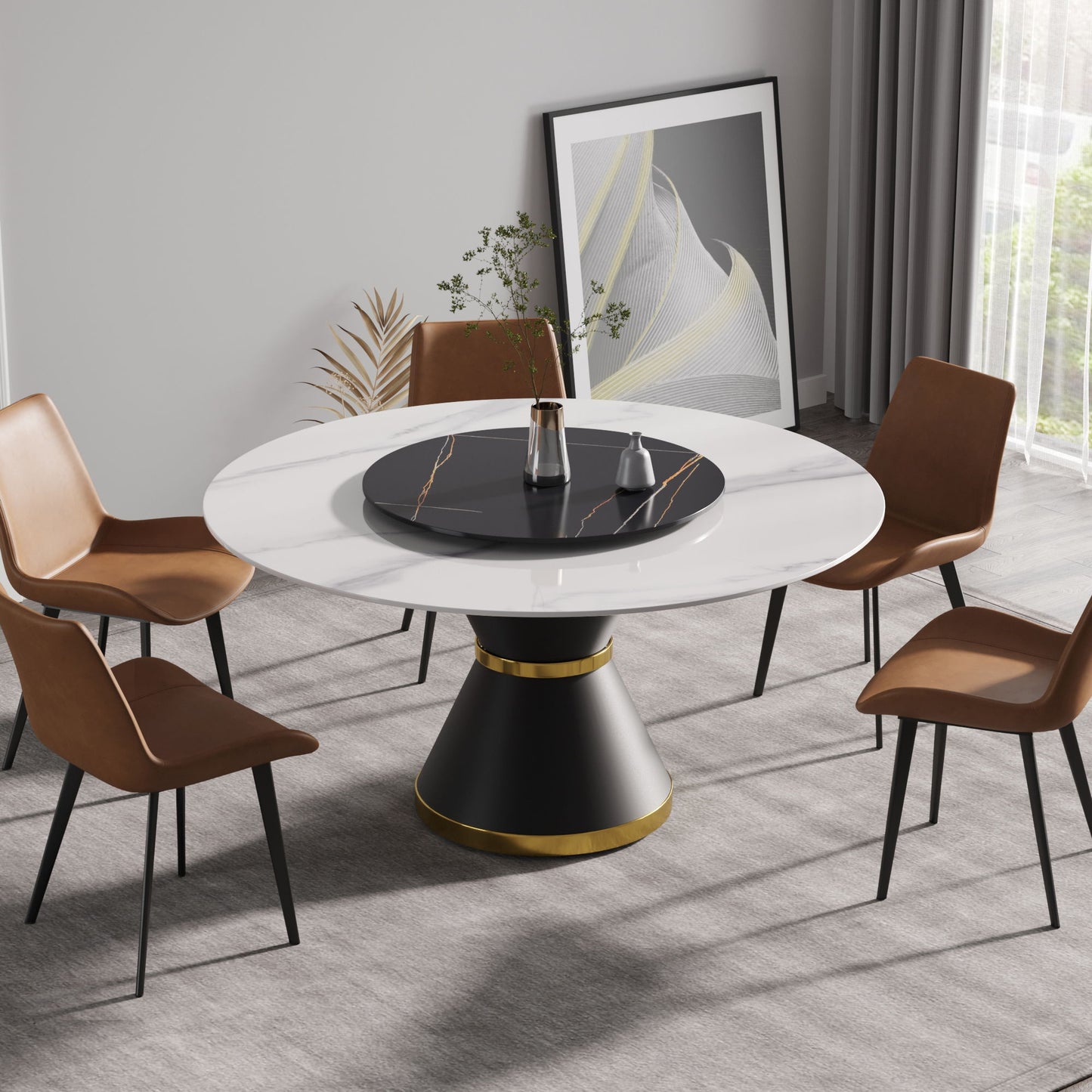 Modern Artificial Stone Round Carbon Steel Base Dining Table, Artificial Stone Turntable Home Essentials