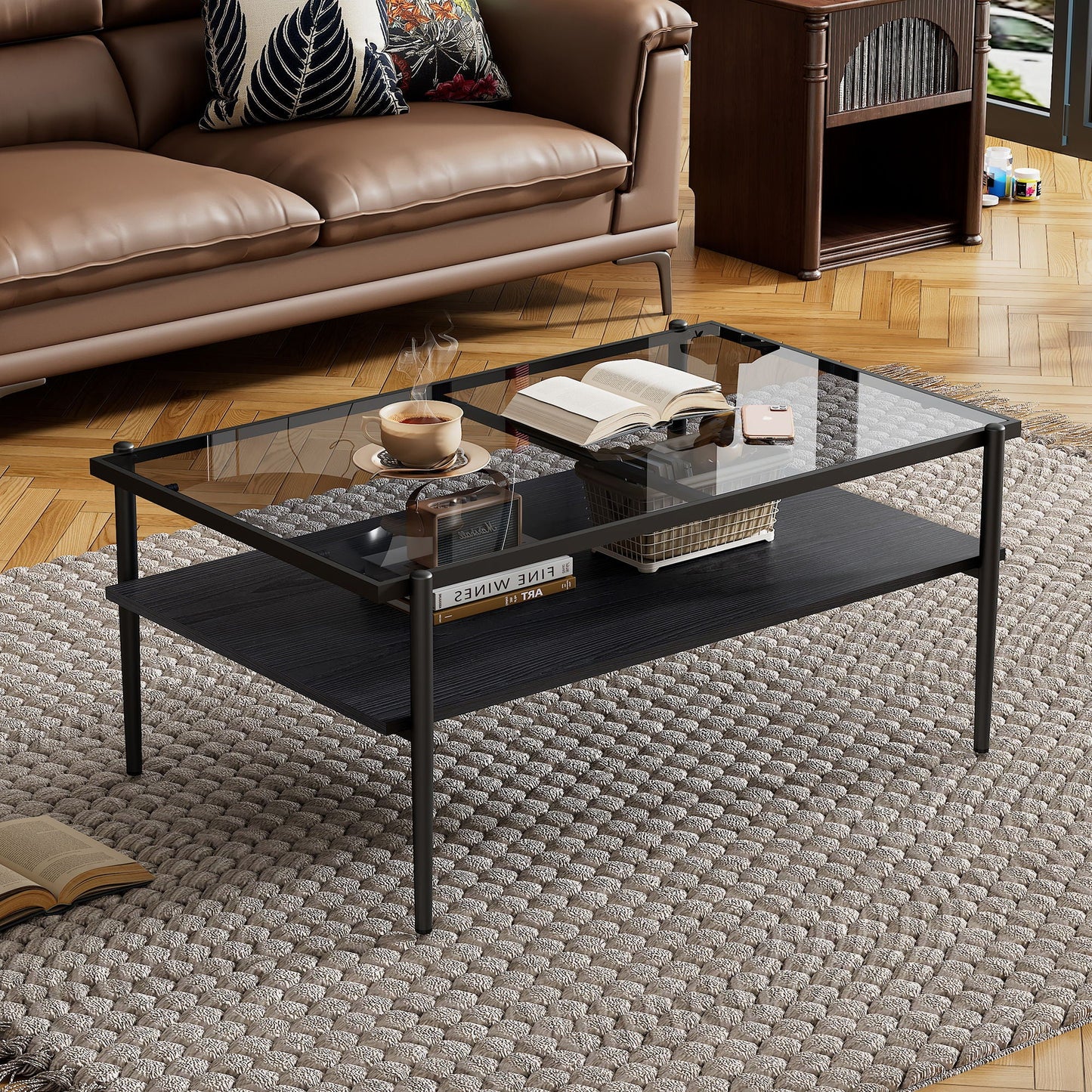 Rectangle Coffee Table With Tempered Glass Top And White Legs, Modern Table For Living Room Home Essentials