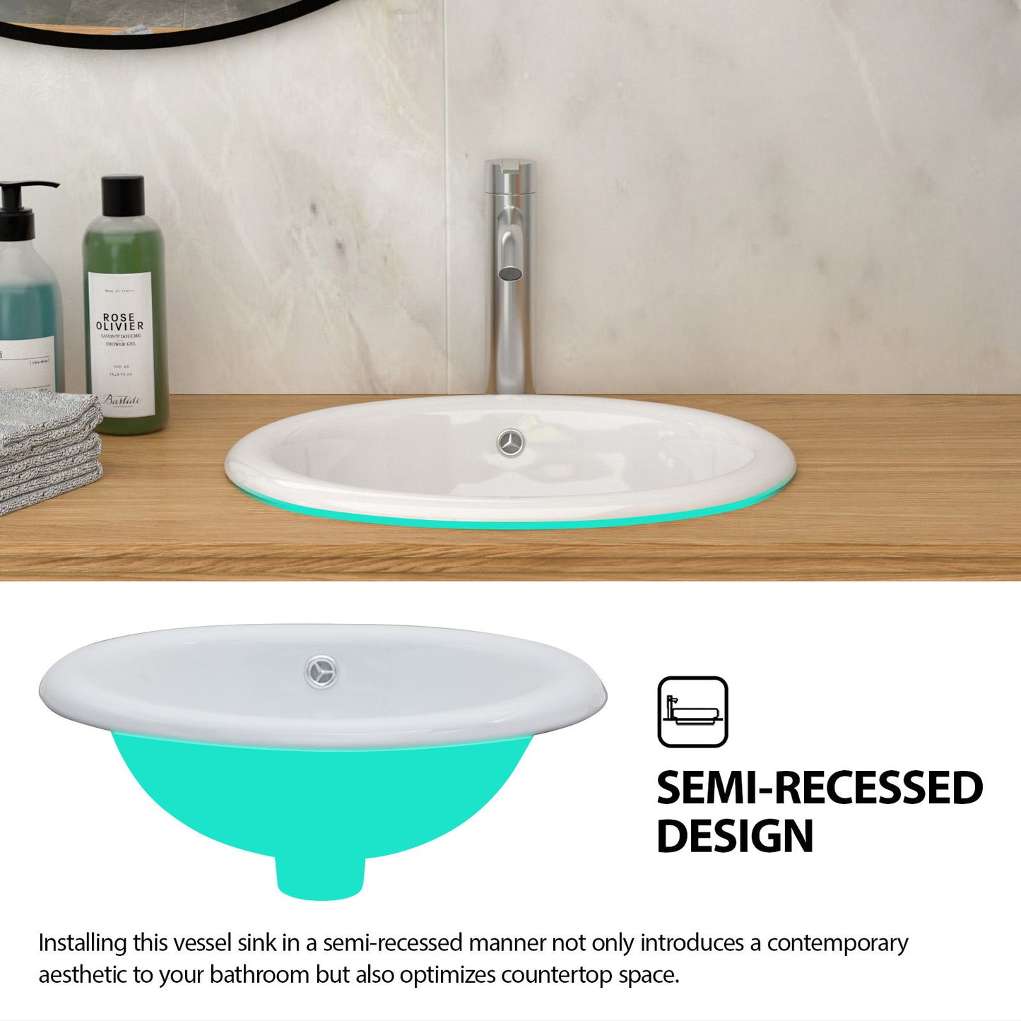 Semi Recessed Bathroom Sink With Countertop Vessel Design, 17" X 15.5" - White Daily Nest