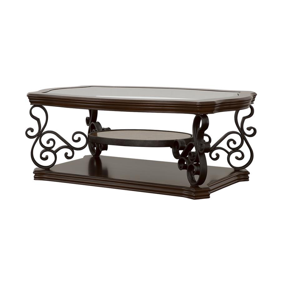 Laney - 1-Shelf Glass Top Rectangular Coffee Table - Deep Merlot CoasterEssence