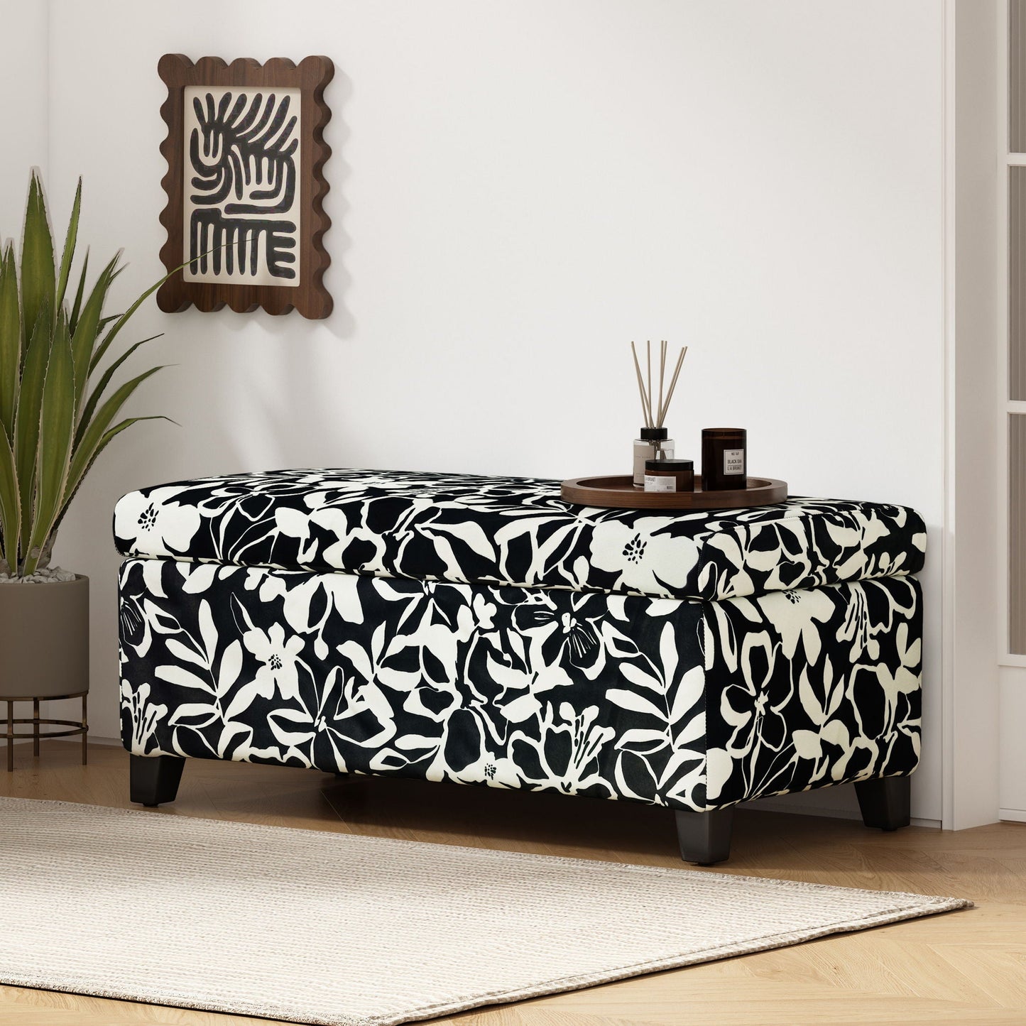 Luxury Storage Ottoman With Floral Patterned Fabric, Soft-Close Hinges, Multi Functional Noble House