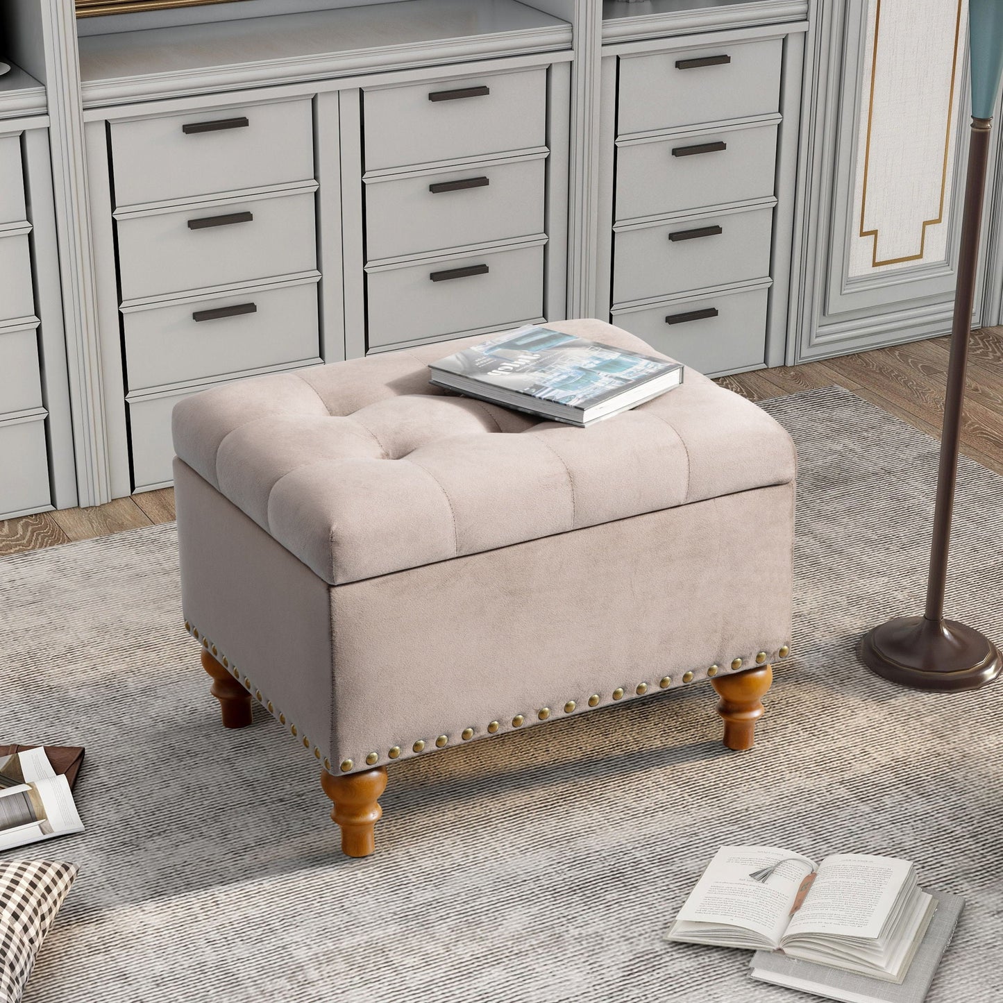 Upholstered Ottoman With Storage And Rivet Trim Home Essentials
