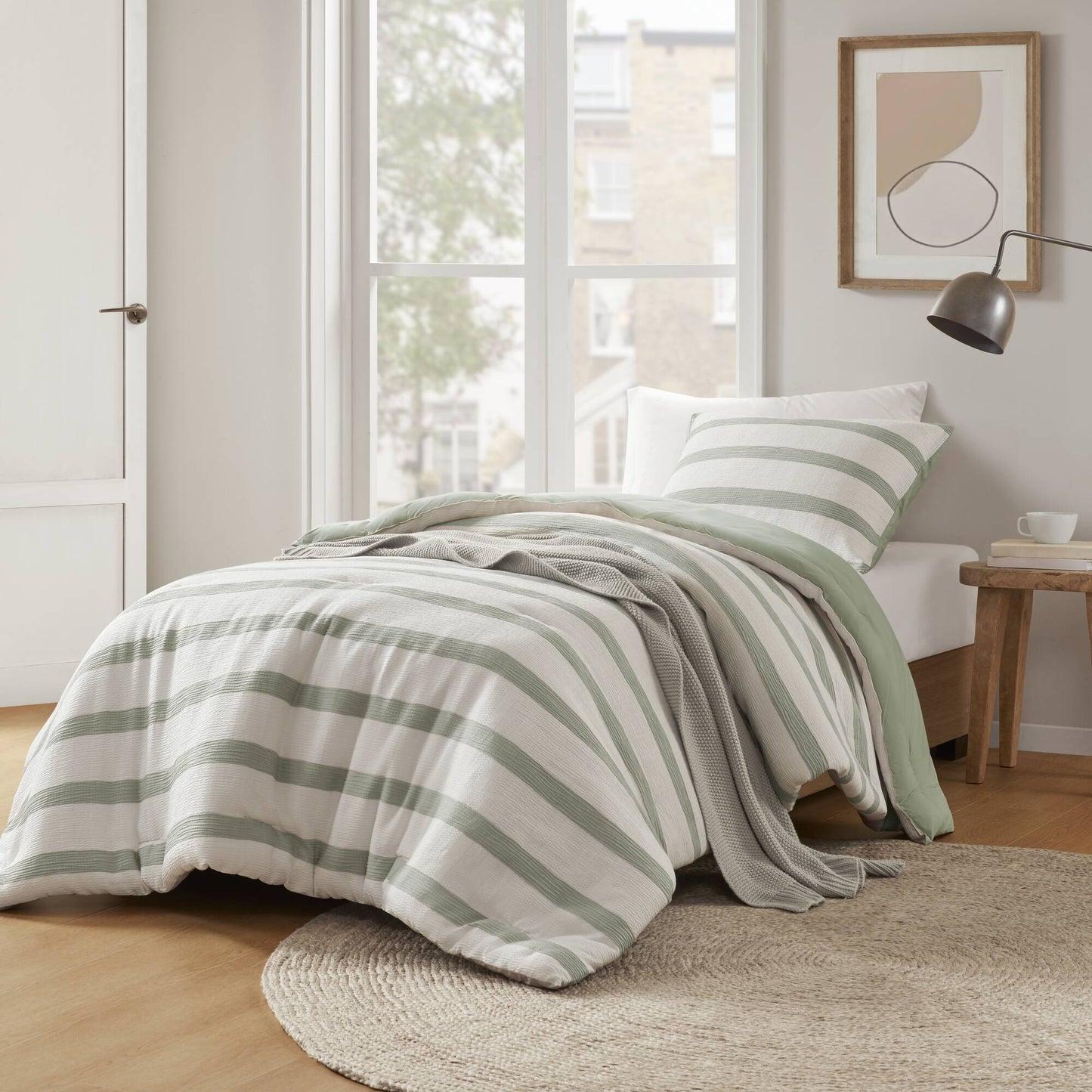 Merritt - Twin/Twin Long Yarn-Dyed Striped Comforter - Sage Green Super Listing