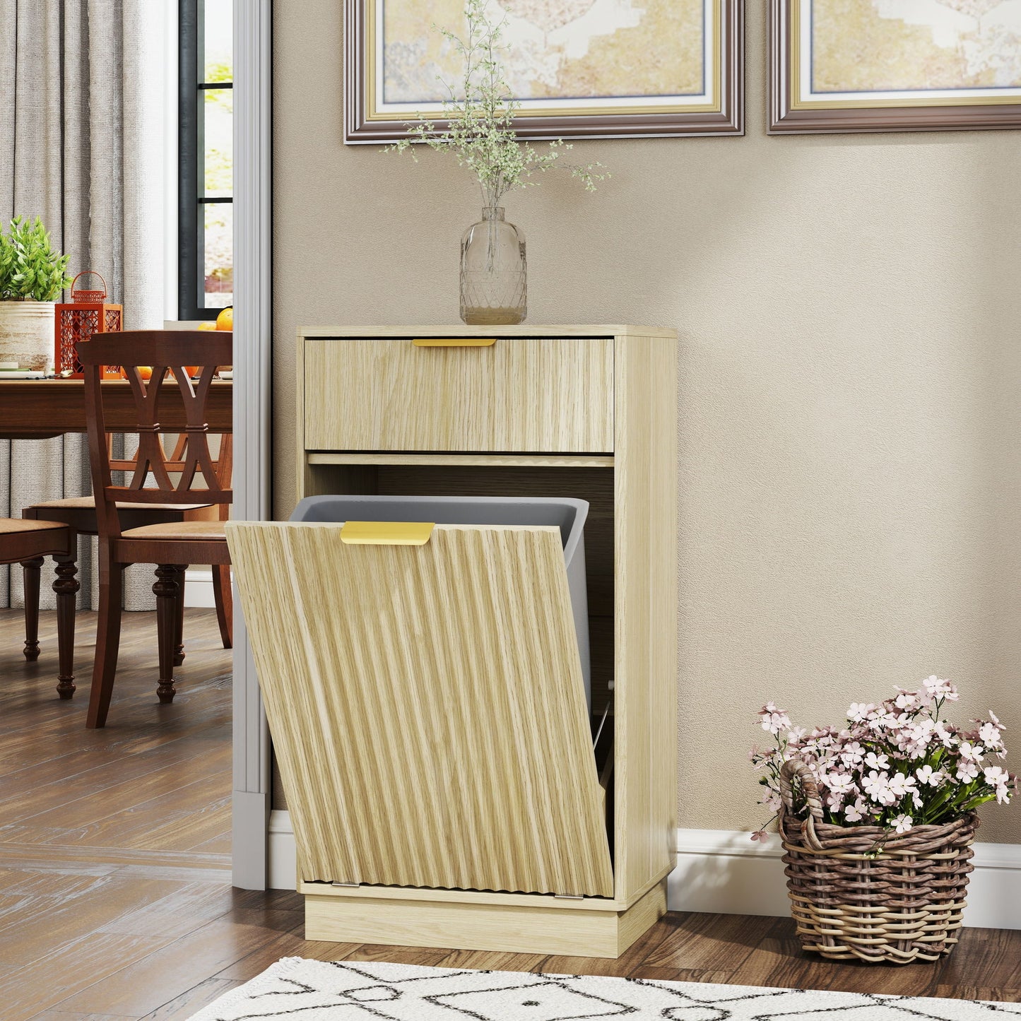 Tilt Out Trash Can Cabinet With Wave Textured Drawer & Pull Out Bin Home Essentials