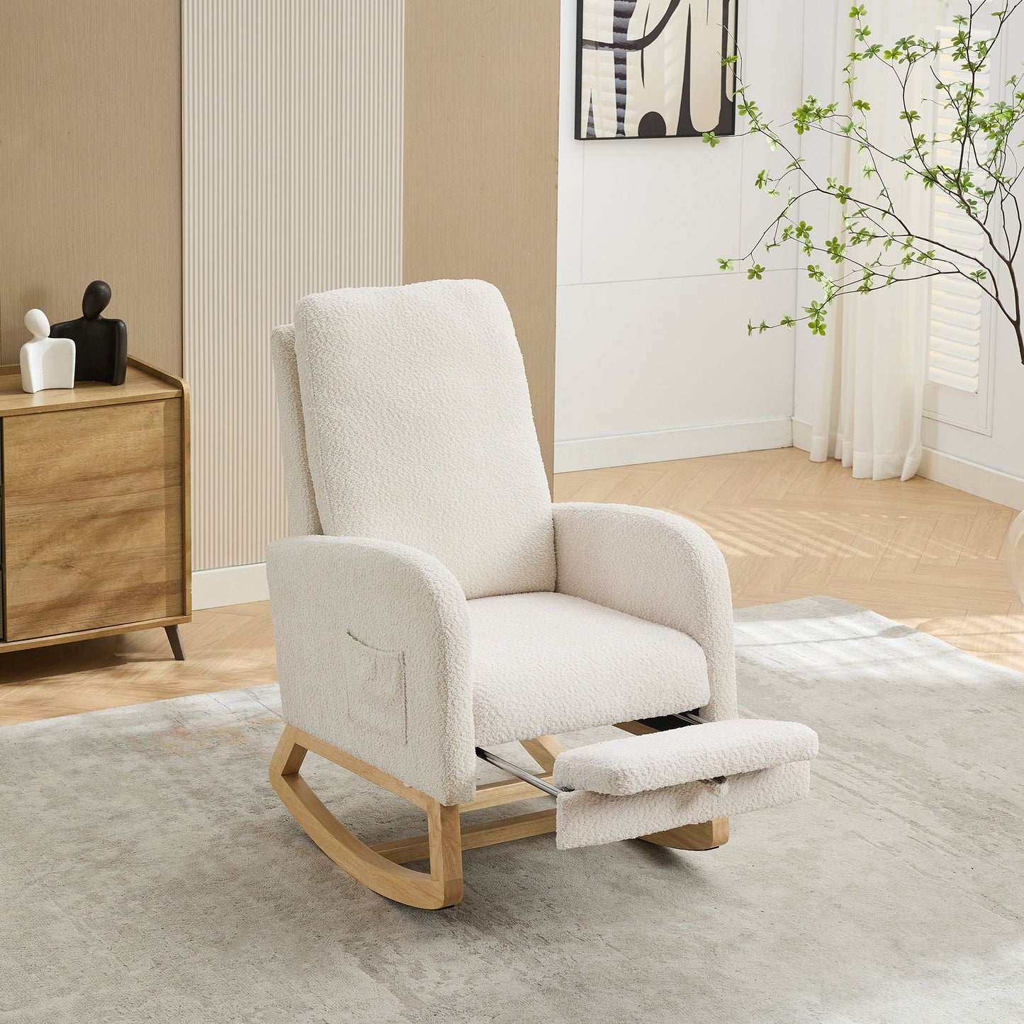 High Back Glider Rocking Chair With Retractable Footrest And Rubber Wood Legs Home Essentials